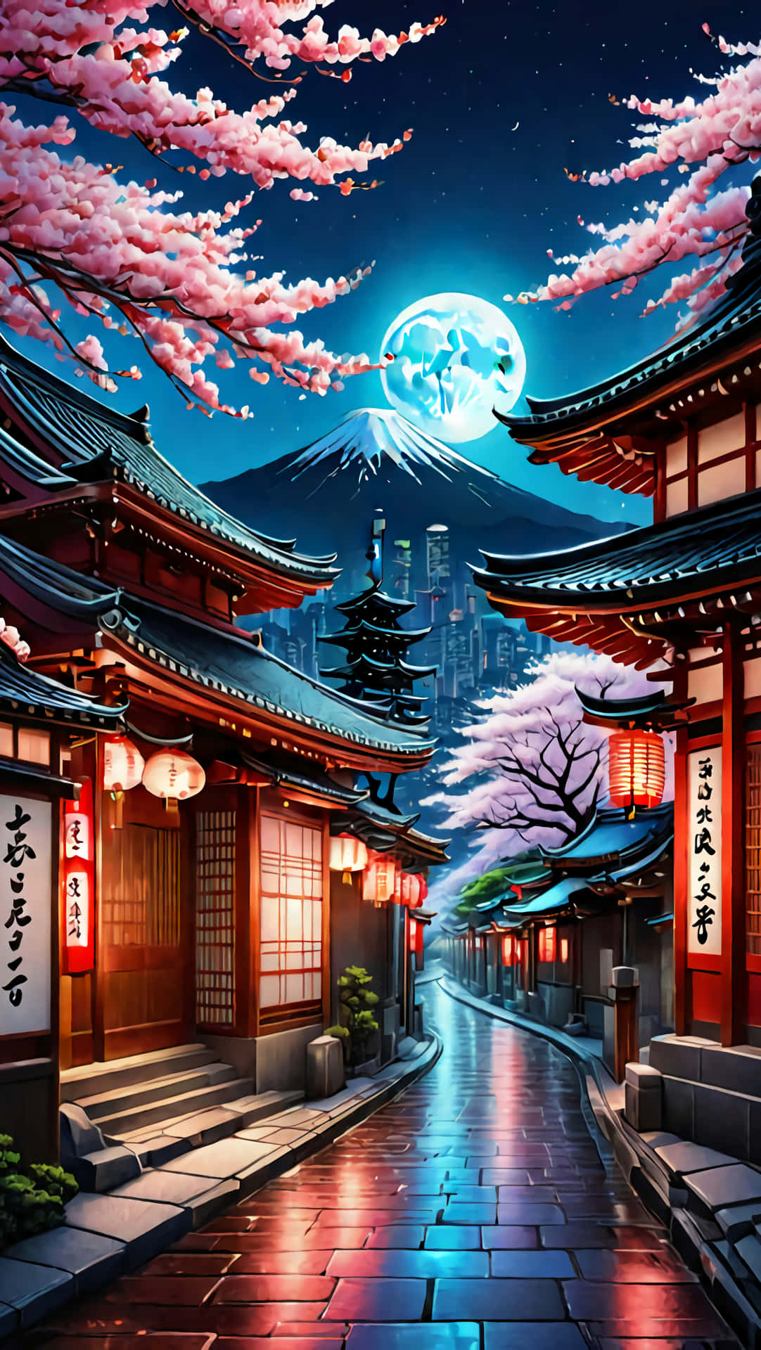 Lunar Cherry Blossom Night in Old Japan Wallpaper 壁紙 — 月光下的日本街道，兩旁種滿櫻花和傳統燈籠，在滿月下映照在濕石上。