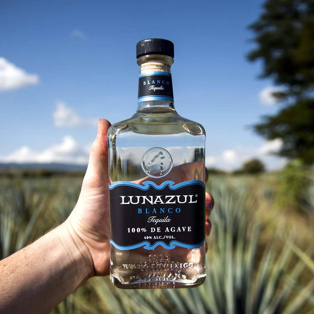 Lunazul Blanco 蒂克酒天空 壁紙 — 一隻手拿著一瓶透明的Lunazul Blanco龍舌蘭酒，背景是龍舌蘭田和藍天。
