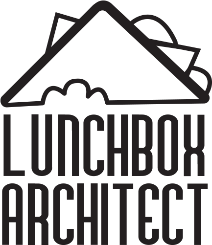 LUNCHBOX ARCHITECT 標誌 壁紙 — 簡約黑色標誌，以風格化的山脈和雲朵為設計，上方有粗體文字 lunchbox architect。
