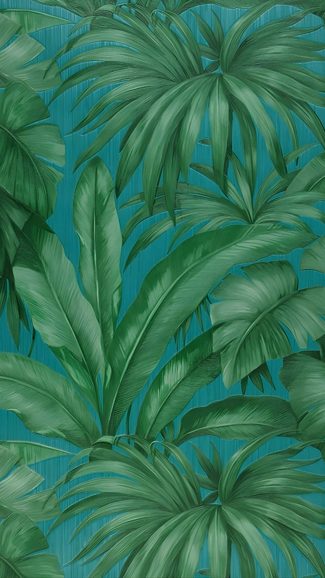  壁紙 — 茂密的綠色熱帶葉片在帶有紋理的青綠色背景上重疊，形成密集的叢林圖案。