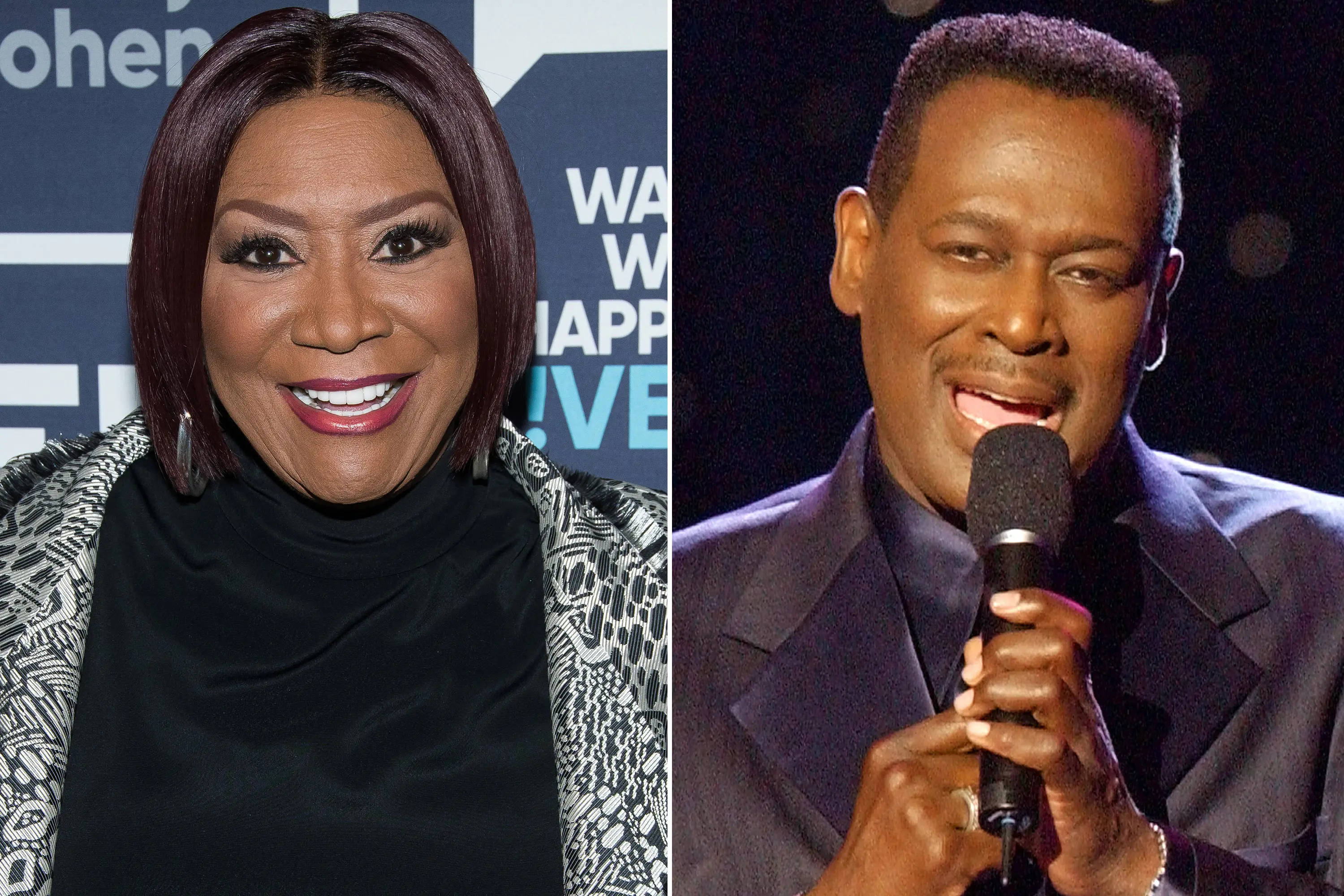 藝術家Luther Vandross與Patti LaBelle 壁紙 — 兩位微笑表演者在現場活動中的分割肖像，其中一人手持麥克風，背景為黑暗舞台。