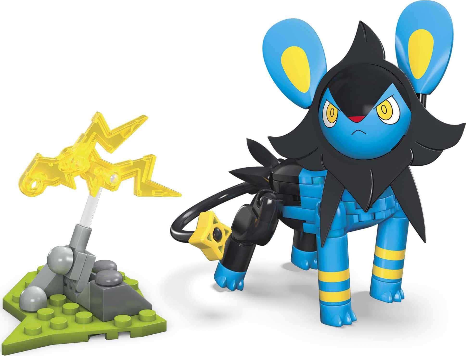 Luxio Mega Construx模型 - 組裝完成，準備行動！ 壁紙 — 一個藍色和黑色的路卡利歐寶可夢人偶站在綠色底座上，旁邊有一個黃色閃電結構。