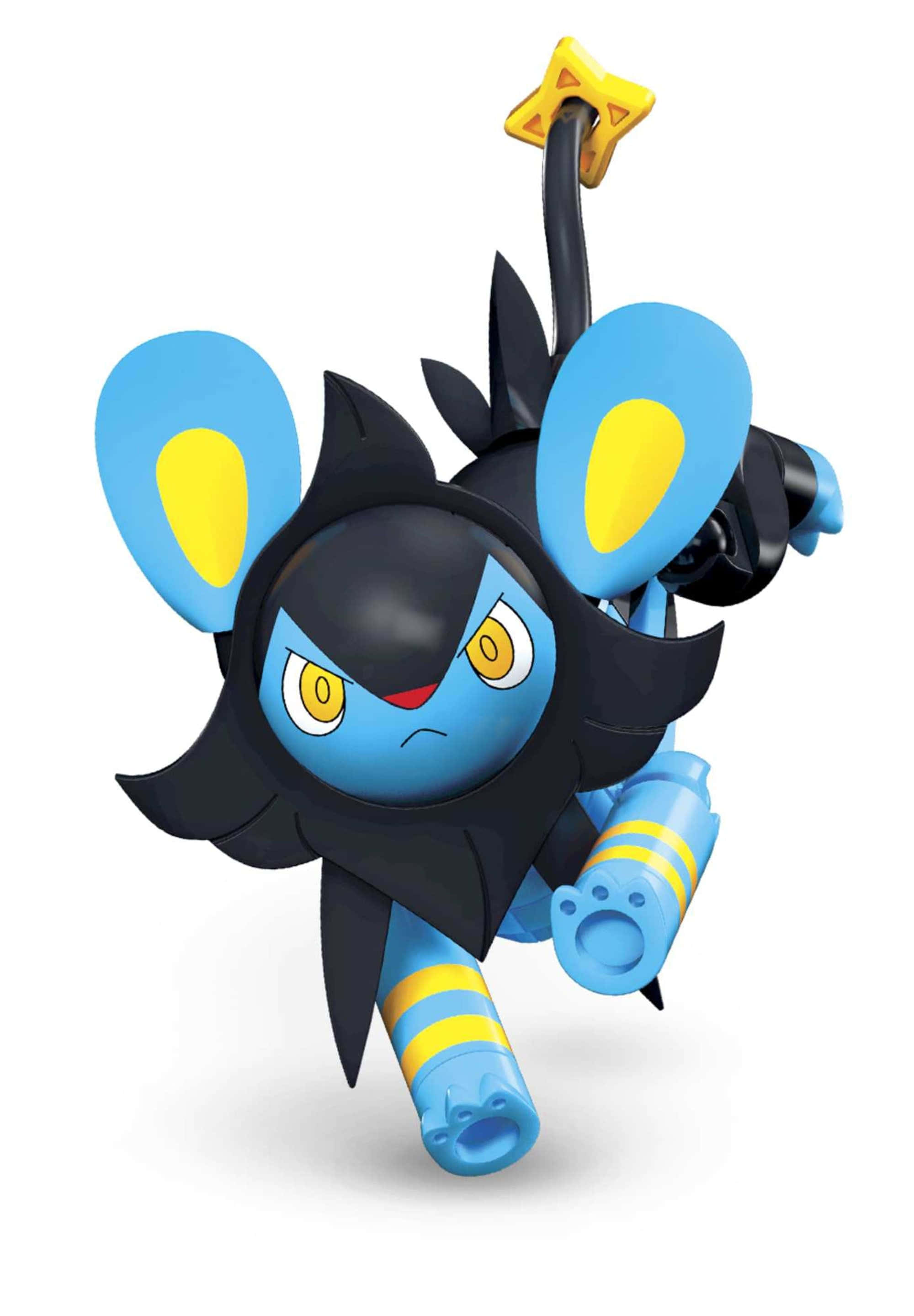Luxio Mega Construx 疾馳動作 壁紙 — 一隻風格化的藍黑色老鼠狀寶可夢，帶有黃色點綴和星形尾巴，擺出動態姿勢。