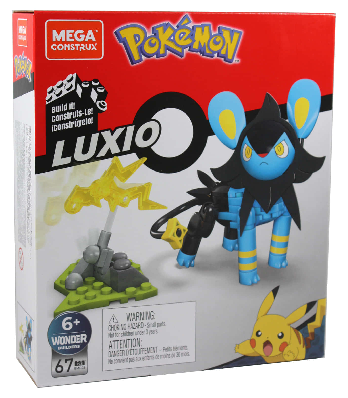 Luxio Mega Construx寶可夢套裝展示 壁紙 — 一個Mega Construx Pokémon Luxio積木套裝盒，內含藍黑色Luxio公仔、黃色閃電效果，以及一隻從角落探頭的Pikachu。