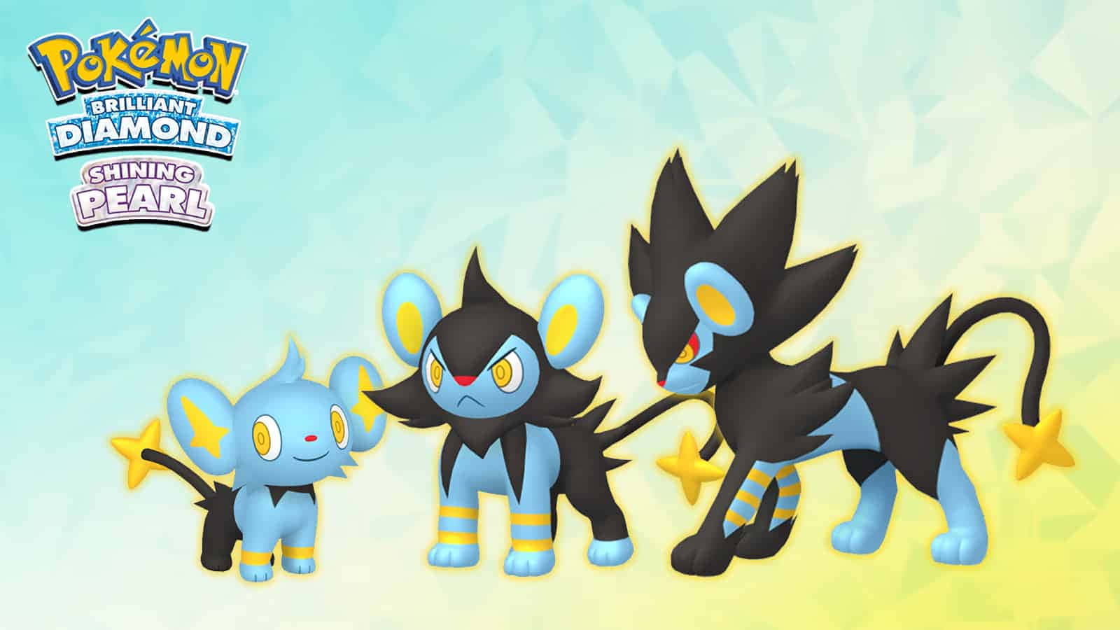 Luxio 出現在寶可夢 Brilliant Diamond 與 Shining Pearl 壁紙 — 三隻進化中的寶可夢，擁有藍色和黑色的毛髮，排成一排，背景是柔和的漸變色，帶有遊戲標題文字。