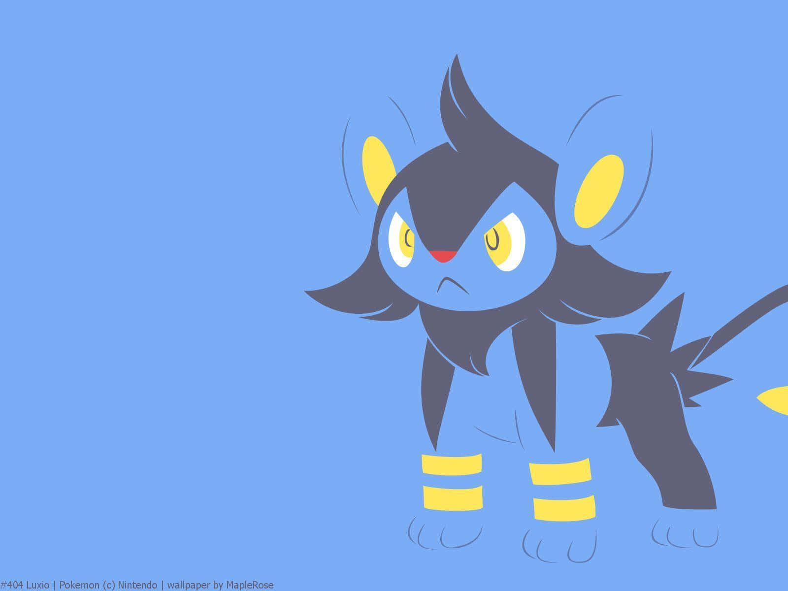 Luxio 美學近距離插畫 壁紙 — 一隻風格化的藍黑色Luxio帶有黃色點綴，在純藍色背景上警覺地站立。