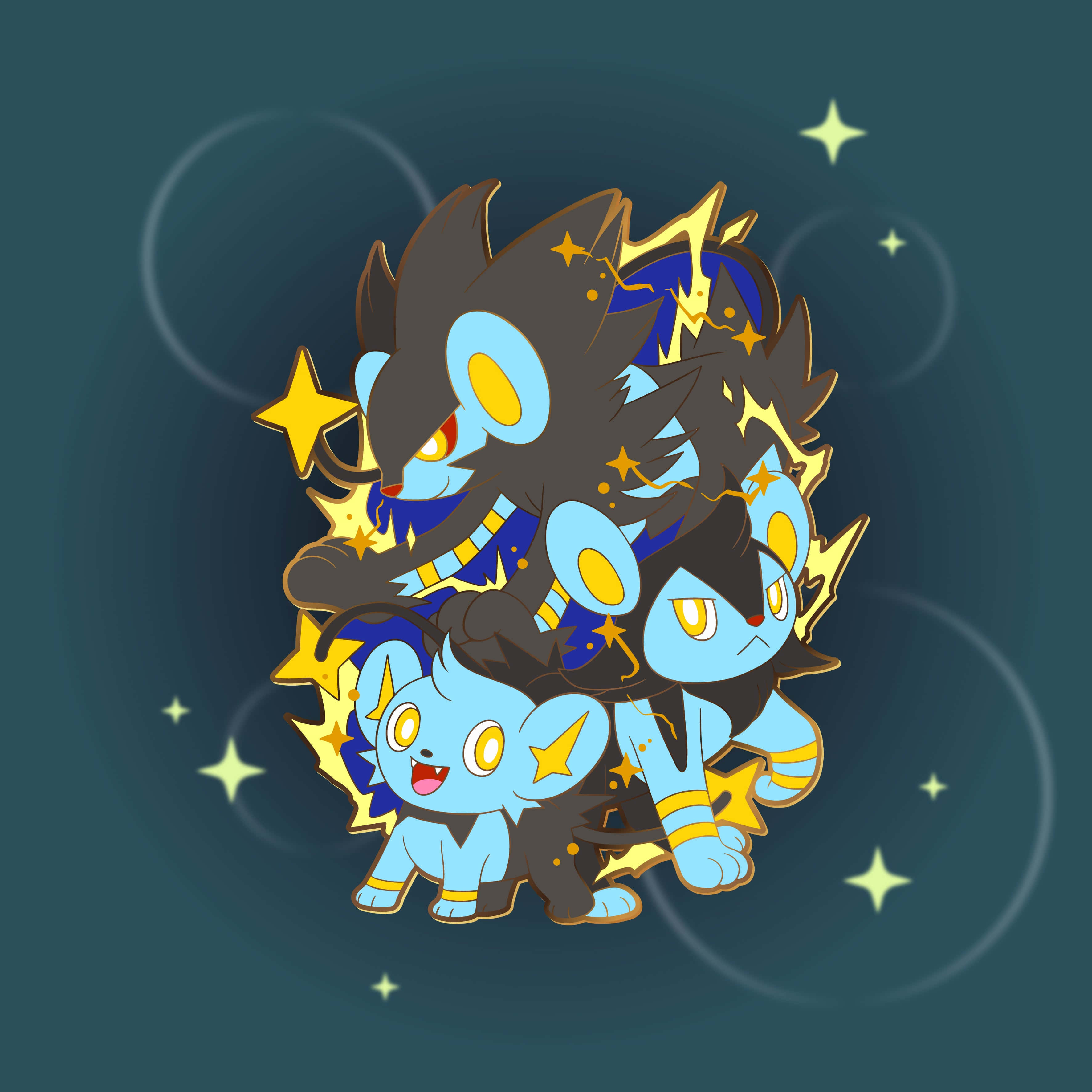 Luxio進化形態的迷人插畫 壁紙 — 三隻風格化的藍色和黑色寶可夢，帶有黃色星星點綴，在深青色背景上發光，背景中有漂浮的星星。