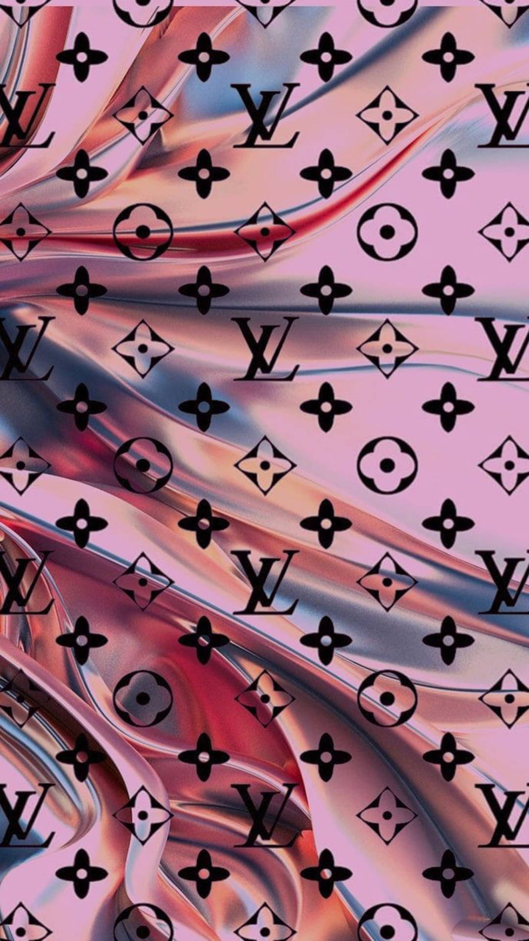 抽象奢華壁紙，在流動的金屬布料上帶有 Louis Vuitton 字母組合圖案。