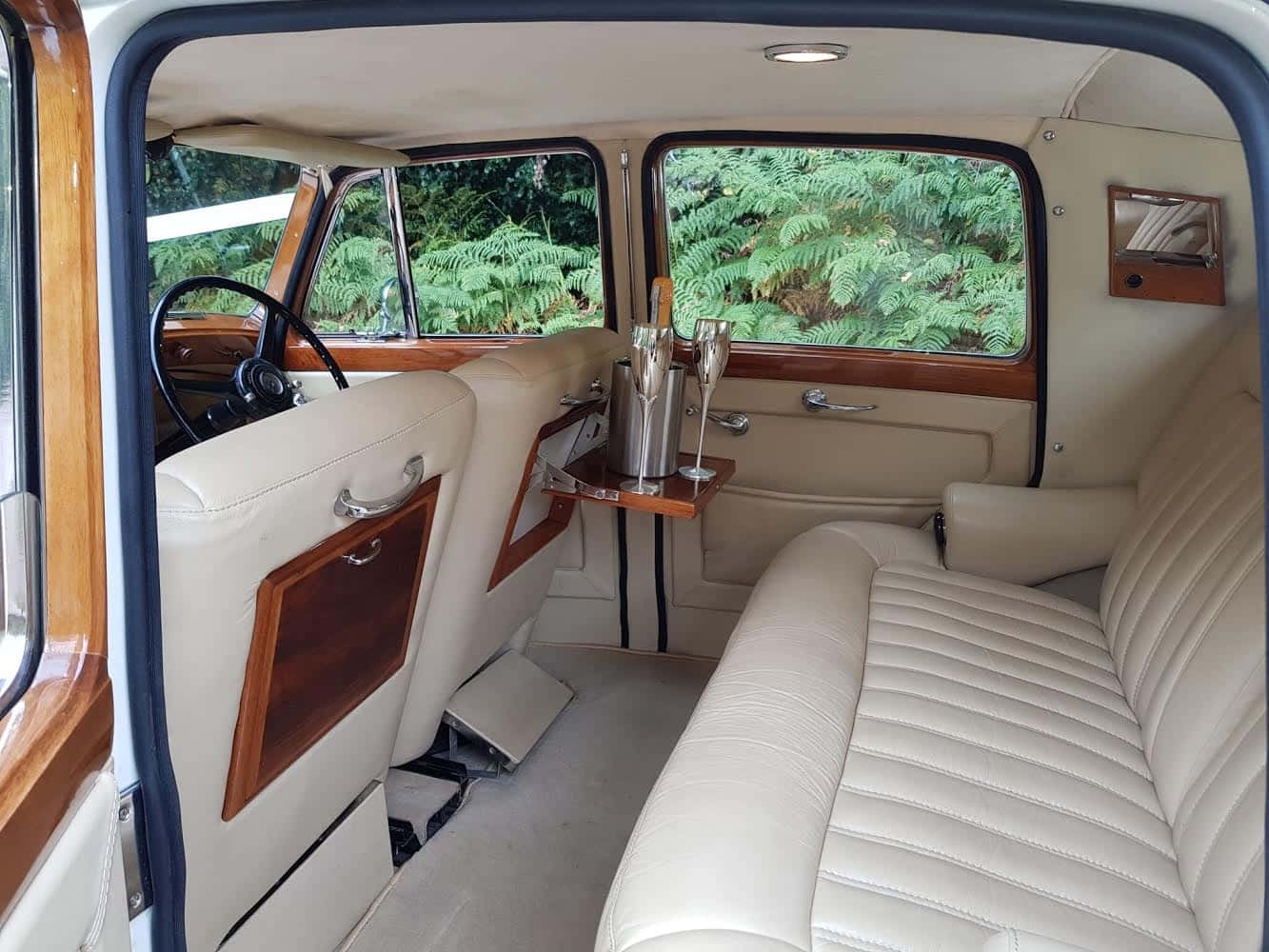 Bentley Mark Vi 桌布 壁紙 — 復古車的豪華奶油色皮革和木質內飾，側桌上放有香檳杯，窗外佈滿蕨類植物。