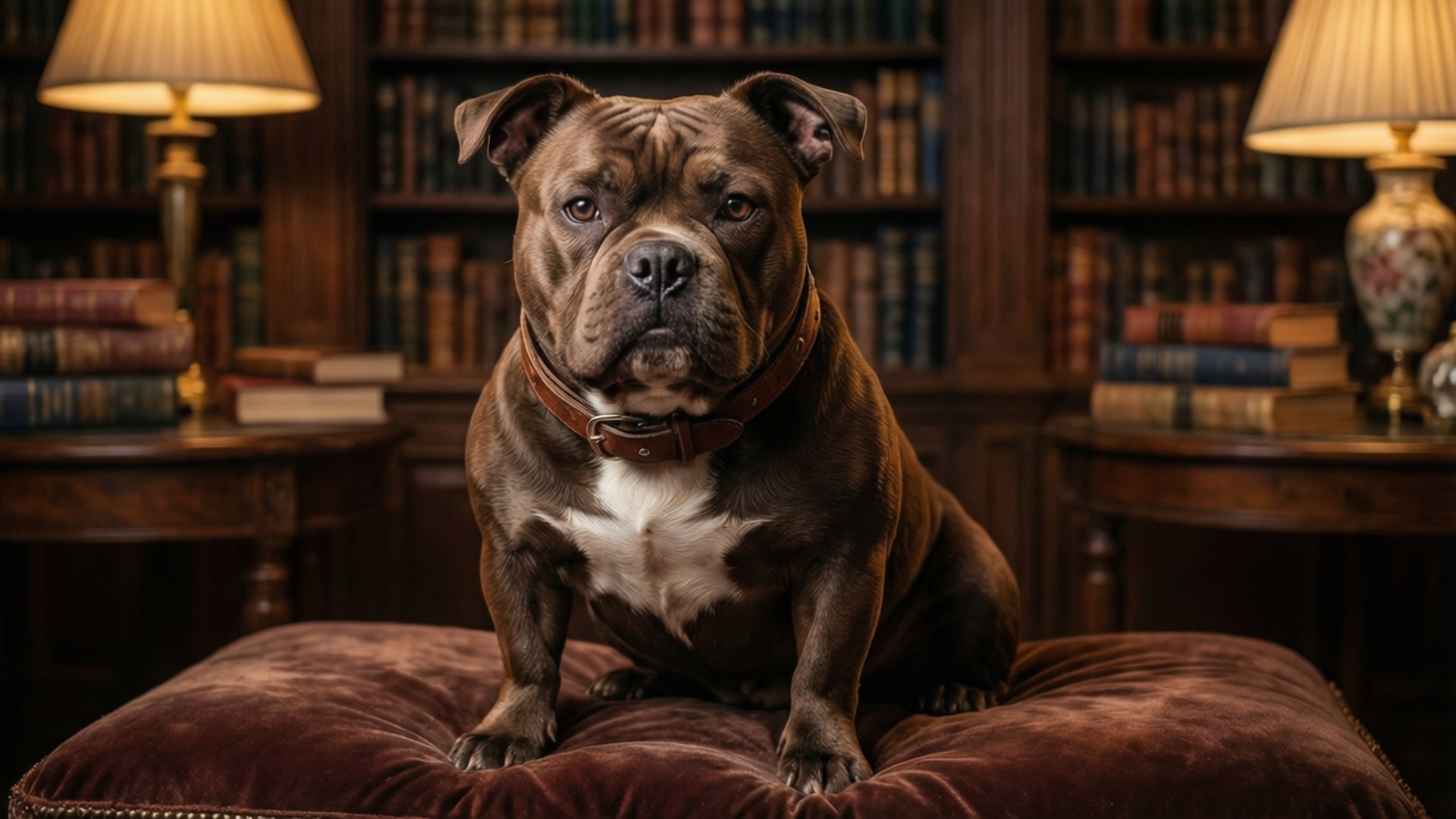 一隻棕色胸白色嘅比特犬坐喺天鵝絨嘅腳凳上，喺一個圖書館，有書架同燈。