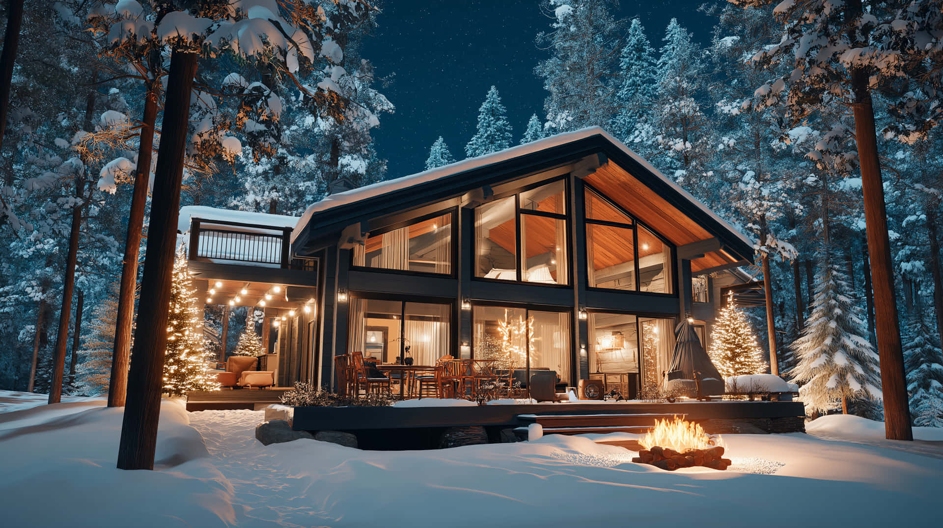 夜晚雪松林中的現代小屋，配有發光火坑和溫暖室內燈光。