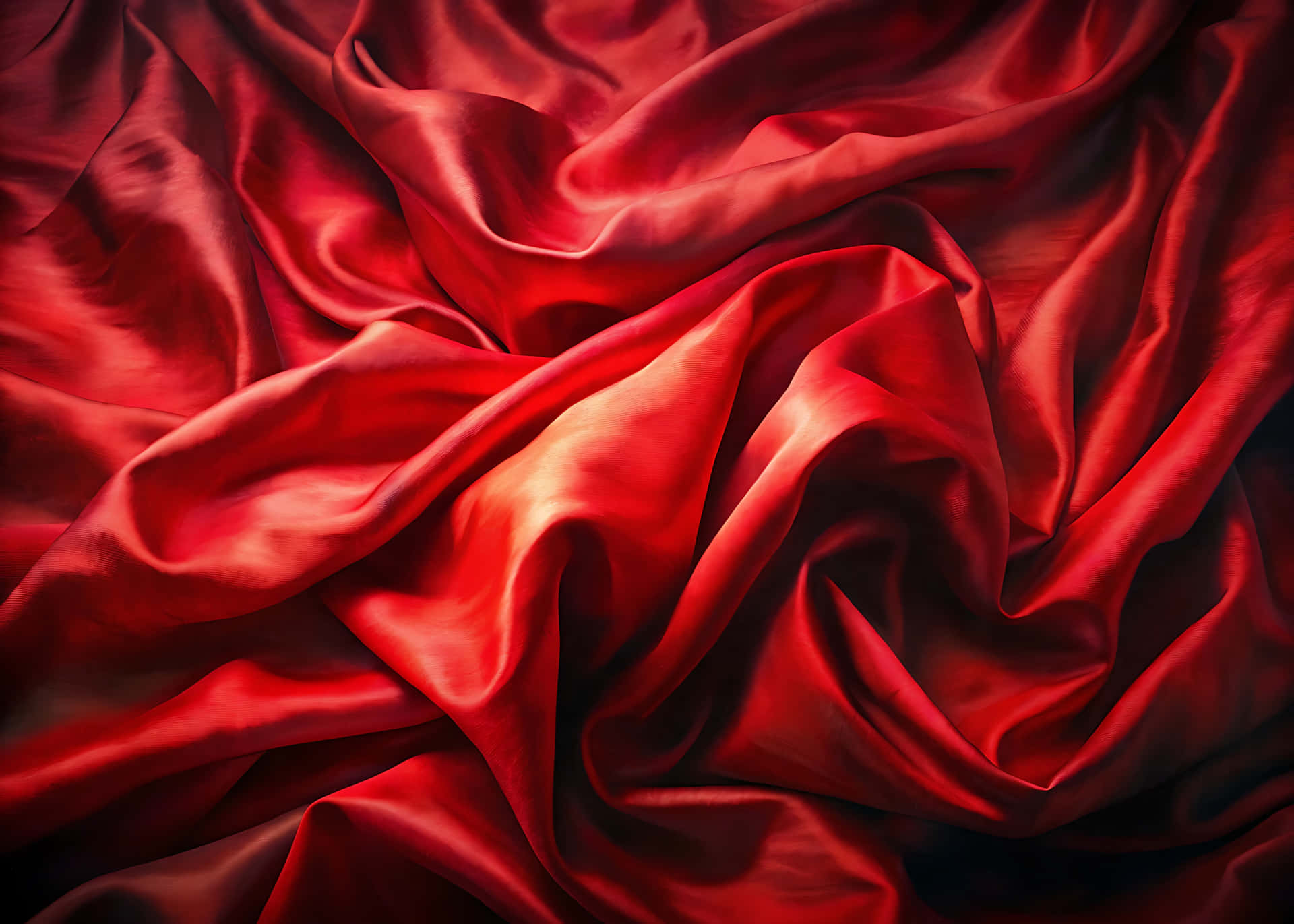 Luxurious red satin fabric with a smooth, shiny wave evokes romance and elegant texture 壁紙 — 豐富的深紅色絲綢布料以戲劇性的曲線折疊，帶有光澤高光和深色陰影，營造出豪華質感。