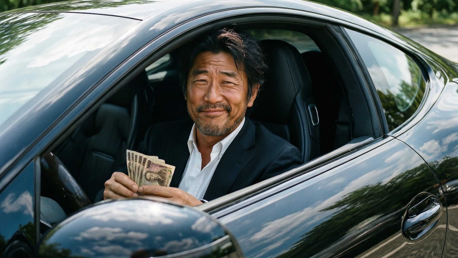男子在黑色汽車裡手持日元紙幣露出滿意的微笑
