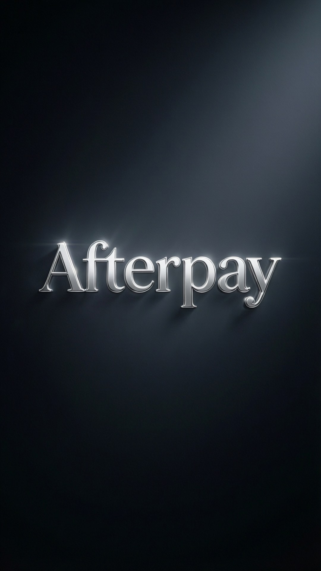在深色背景上帶有聚光燈光暈的閃亮銀色字母Afterpay標誌