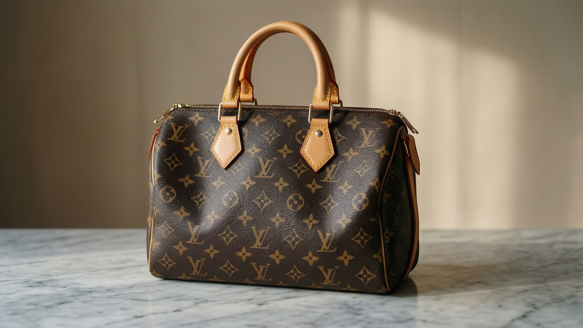 棕色Louis Vuitton monogram手袋，配棕褐色皮革手柄，置於大理石表面