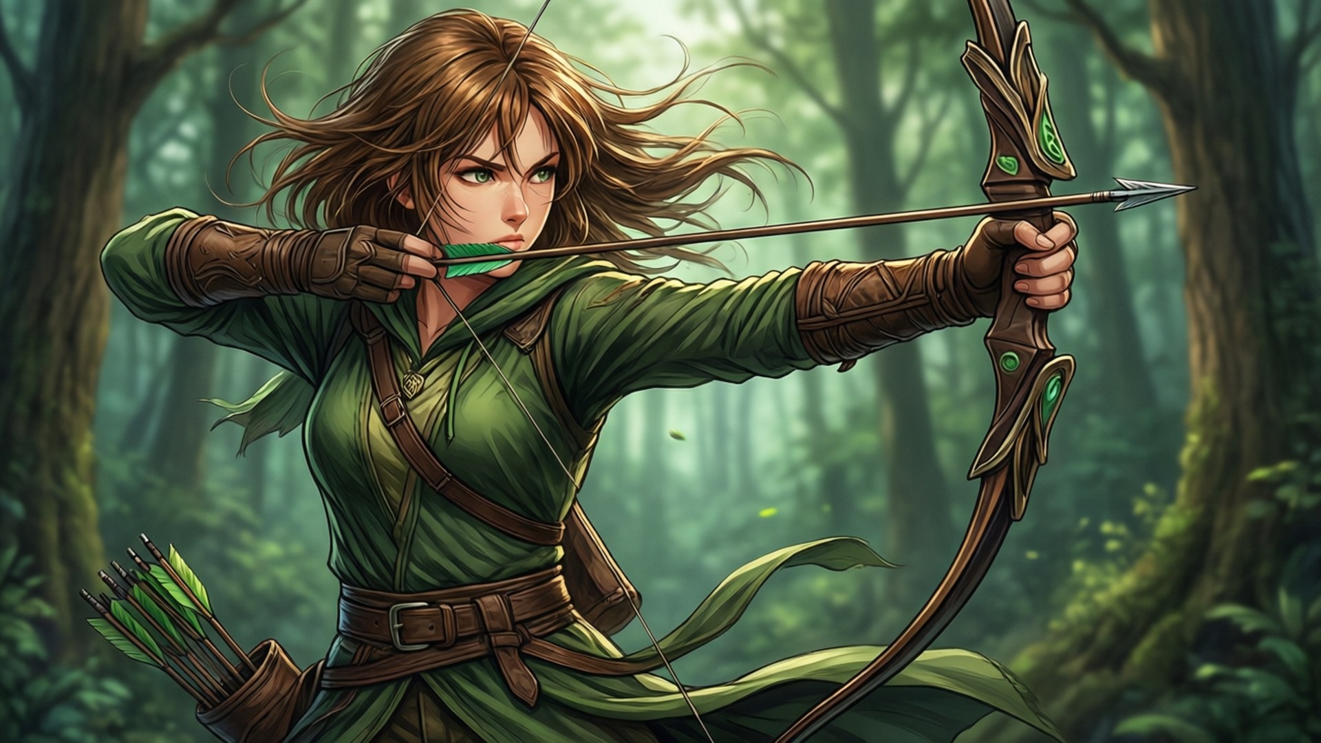 Lyn's Swift Arrow 壁紙 — 一位專注的女弓箭手，飄逸的棕色頭髮，在迷霧籠罩的綠色森林中拉開一把精緻的弓。