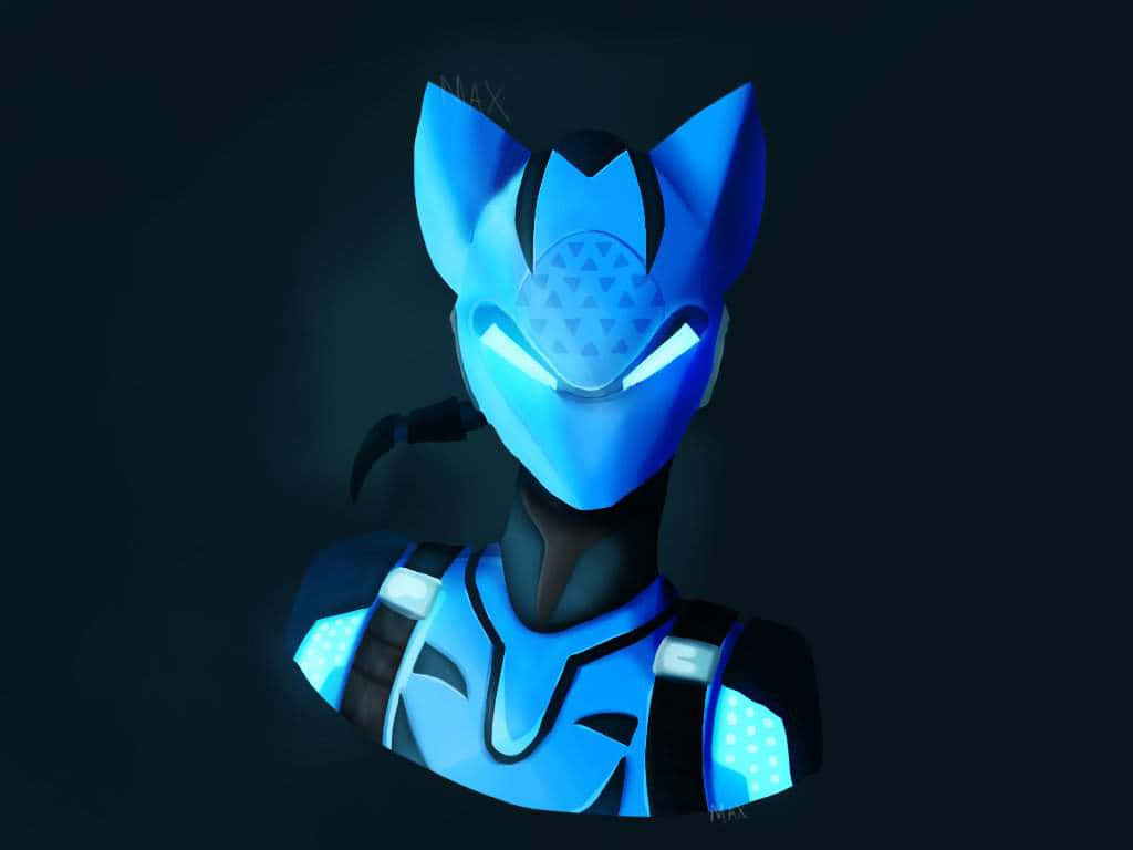 藍色皮膚 Lynx - Fortnite 壁紙 — 一個發光藍色裝甲人物，擁有貓耳和銳利眼睛，站在黑暗中，散發未來能量。