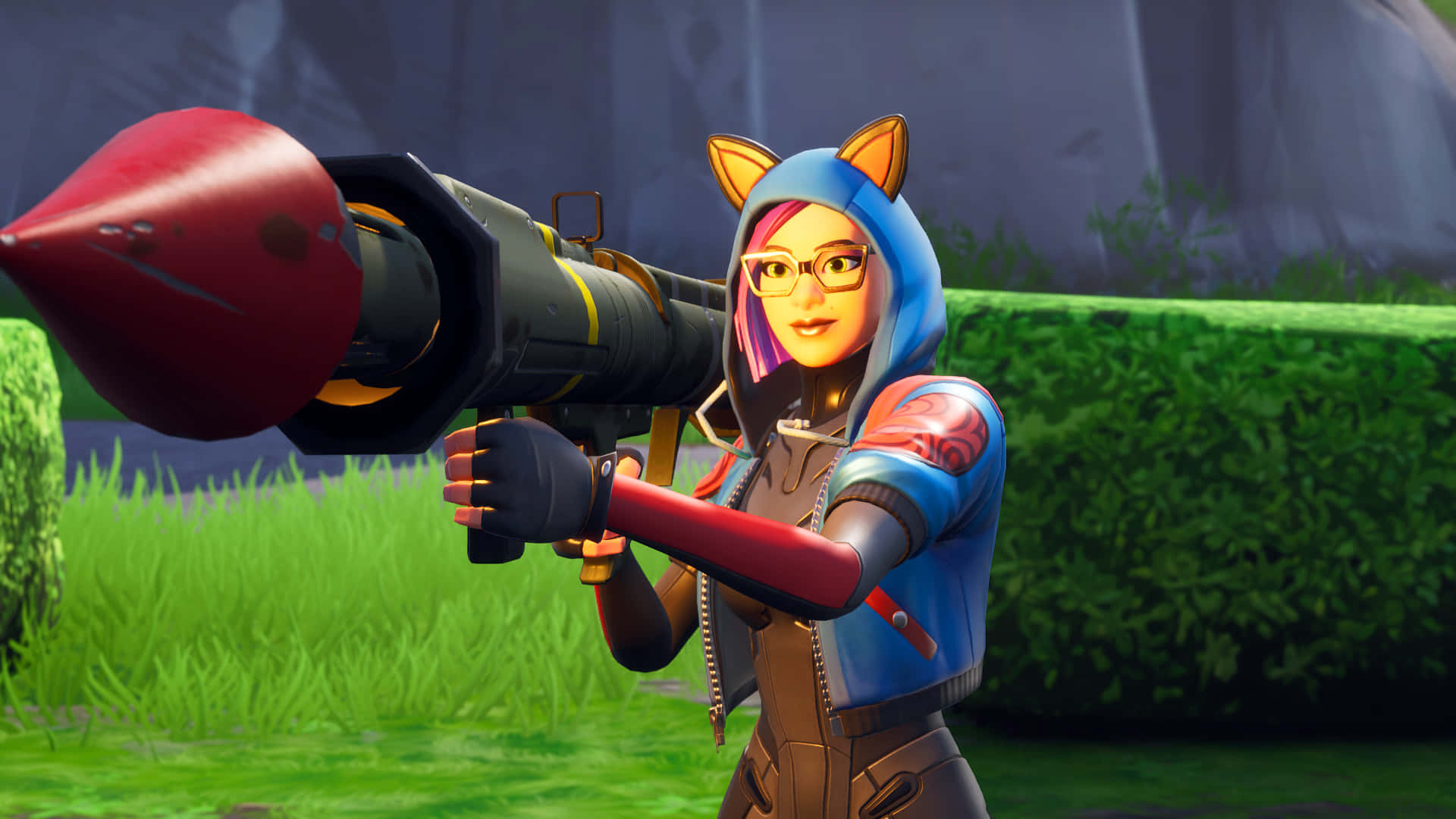 Fortnite 角色戴著狐狸耳朵在戶外瞄準火箭發射器。