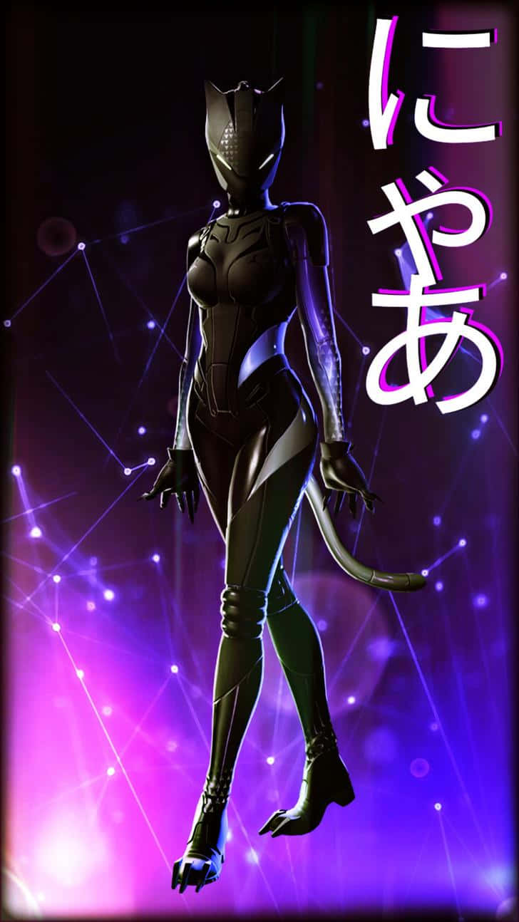 穿著黑色套裝的貓女在紫色宇宙場景中漂浮，伴有發光粒子。