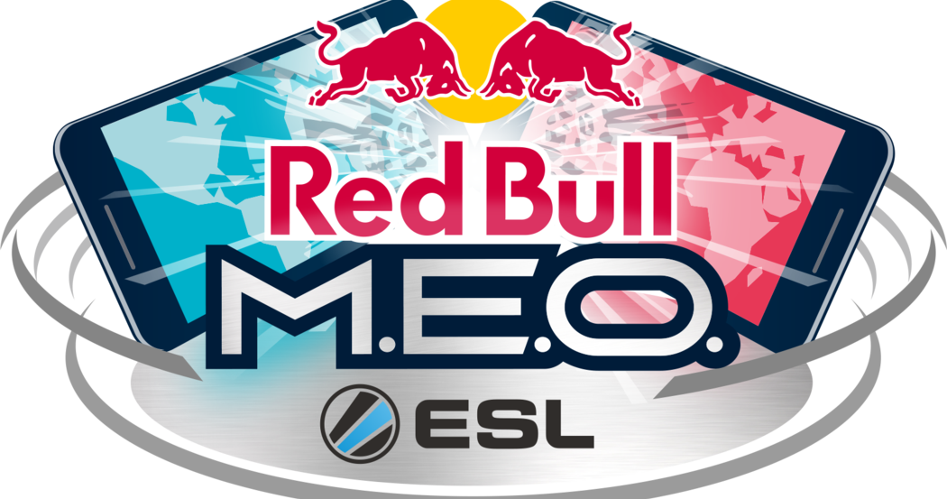 紅牛M.E.O. by ESL活動標誌 壁紙 — Red Bull M.E.O. ESL 標誌，兩隻紅色公牛位於一個顯示抽象藍色和粉紅色圖形的風格化電話上方。