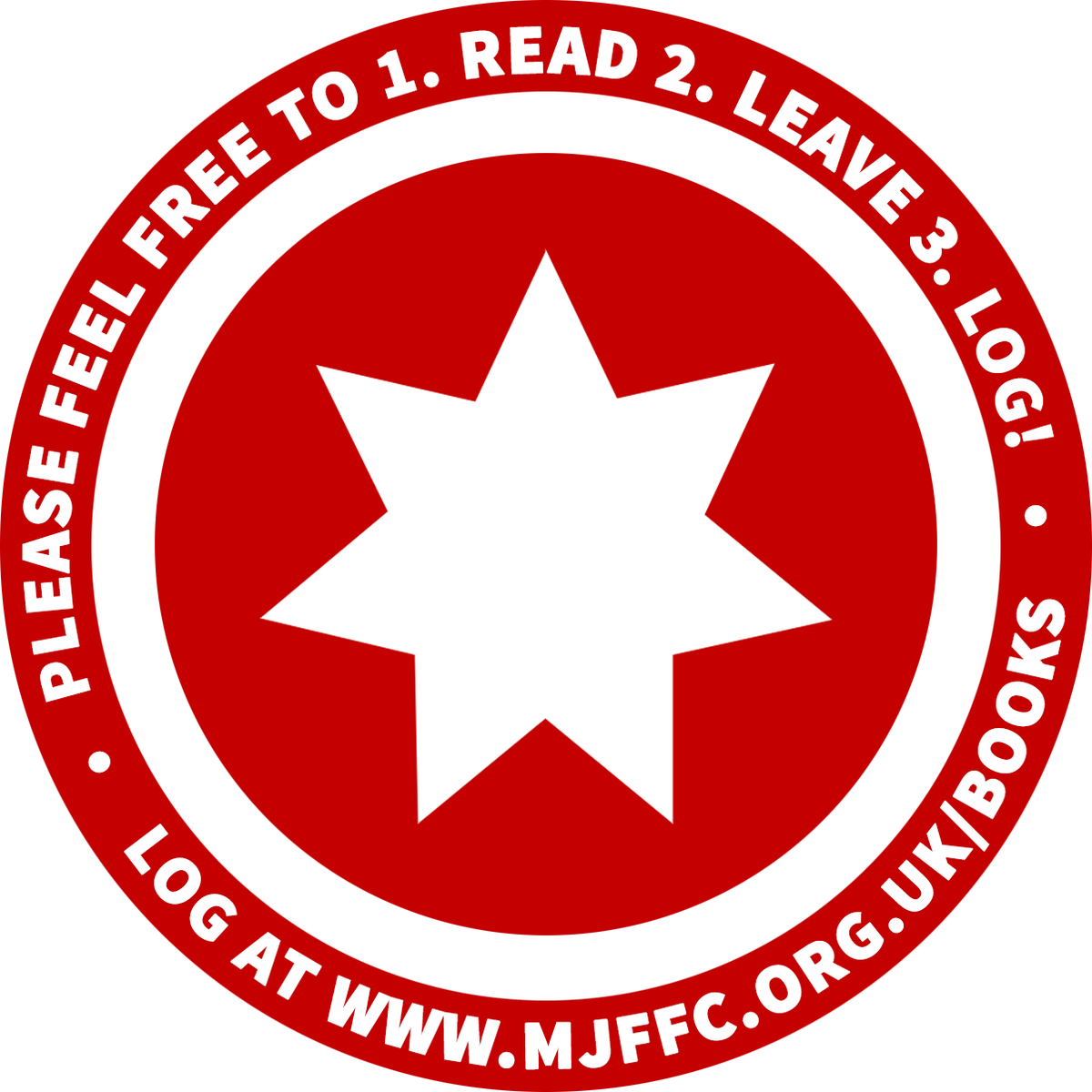 M J F F C Logo紅星 壁紙 — 一個大膽的紅色圓形標誌，帶有白色星星和白色文字，指示用戶在網站上閱讀離開日誌。