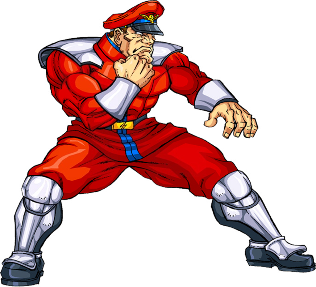 M.比森 街頭霸王角色 壁紙 — 一個肌肉發達的卡通戰士，身穿紅色制服和帽子，擺出強有力的武術姿勢。