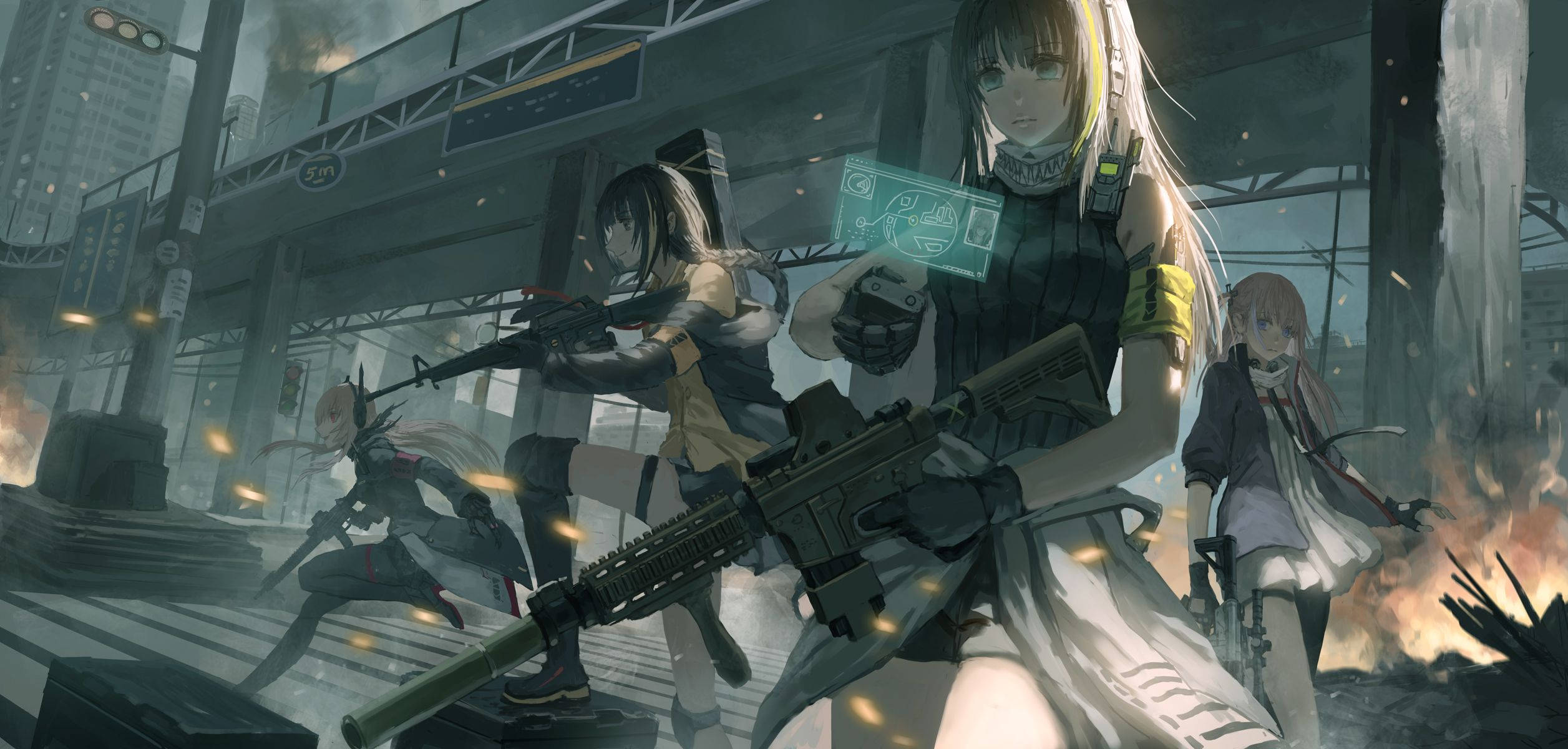 《少女前線》M16a1 武器海報 壁紙 — 四個動漫少女身穿戰術裝備，在煙霧和火花飛舞的城市廢墟中開火。
