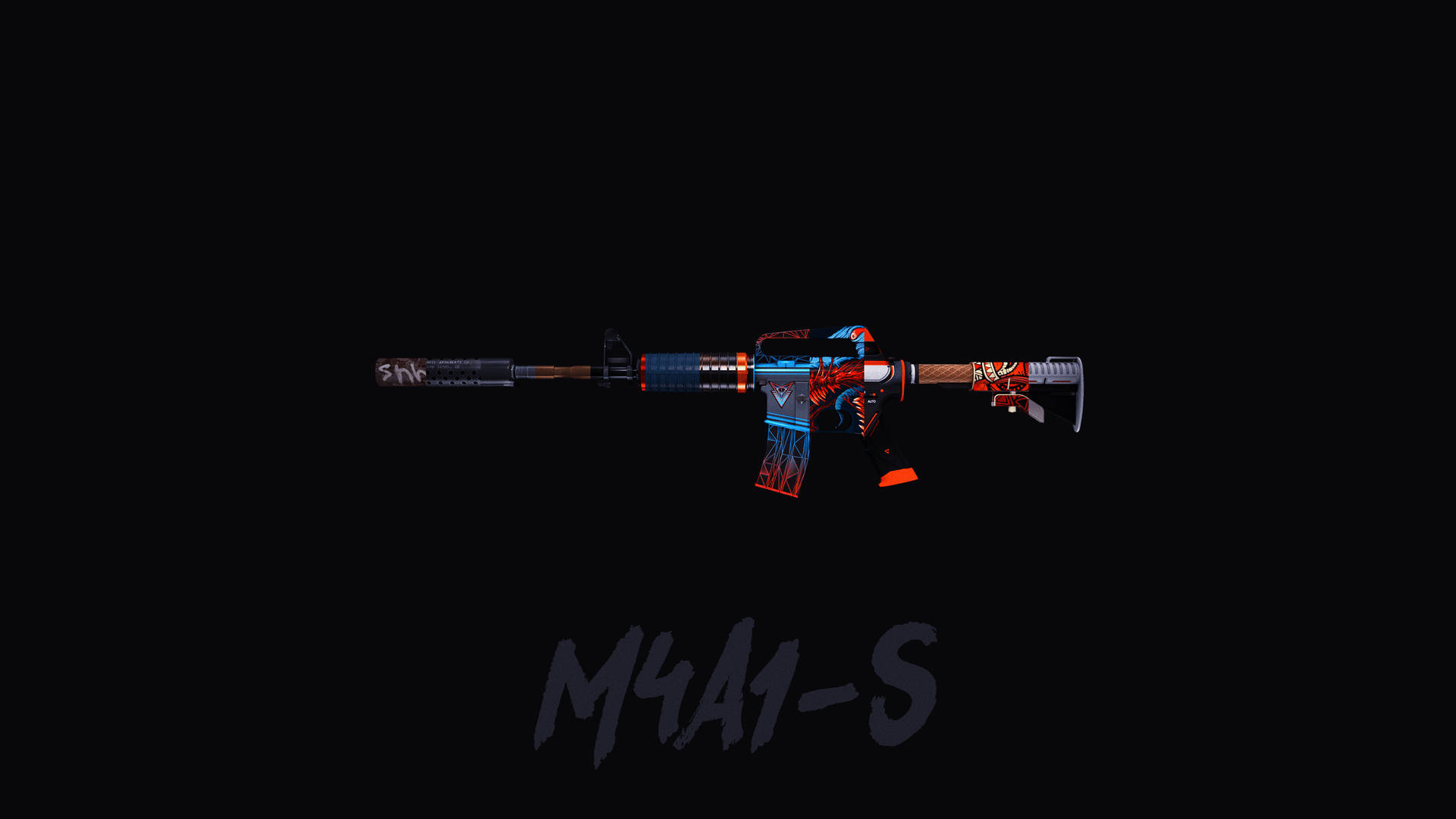 黑色背景上帶有紅藍部落設計的遊戲武器M4A1-S