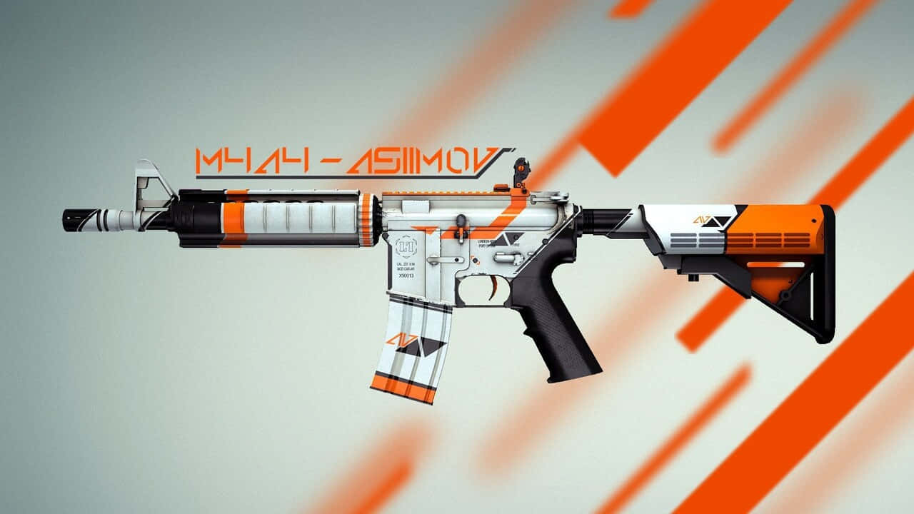 M4A4 Asiimov 720p《反恐精英：全球 Offensive》背景 壁紙 — 一把時尚的白色和橙色M4A1-Asimov突擊步槍，帶有幾何圖案，漂浮在動態的橙色條紋背景上。