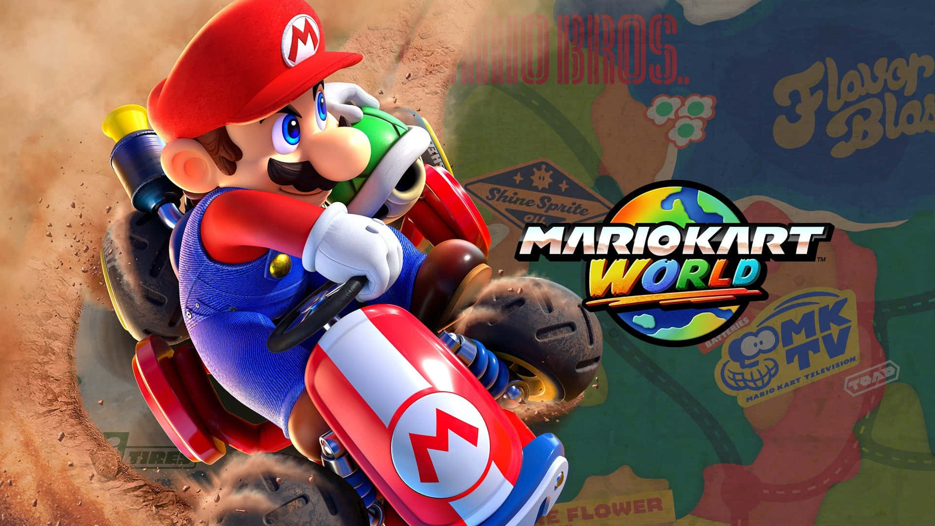  壁紙 — 瑪利歐駕駛他的紅色卡丁車在色彩繽紛的Mario Kart World賽道上揚起塵土。