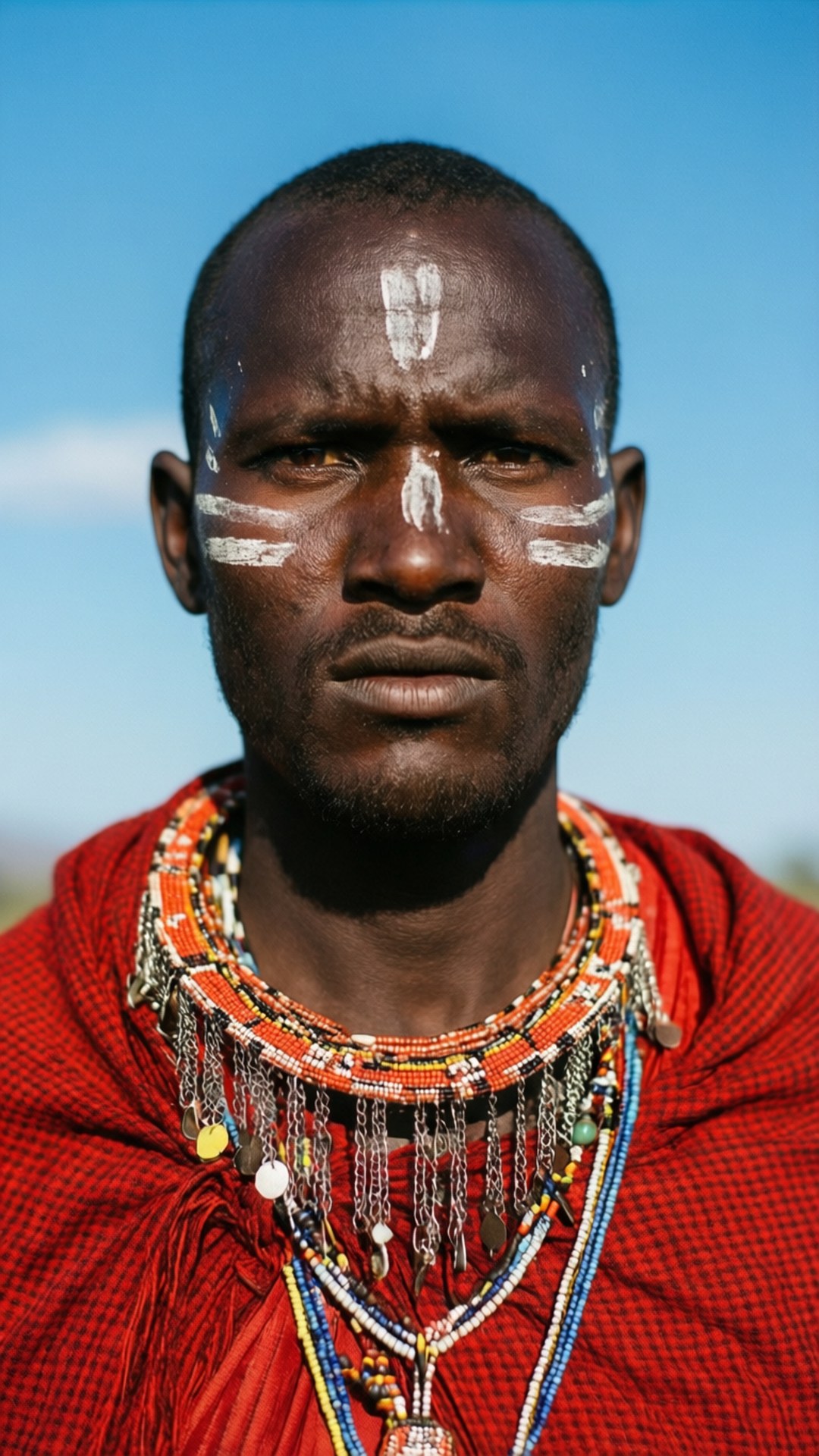 Kenya 桌布 壁紙 — 一位馬賽族男子，臉上帶有白色標記，披著鮮紅色的披肩，直視著清澈的藍天。