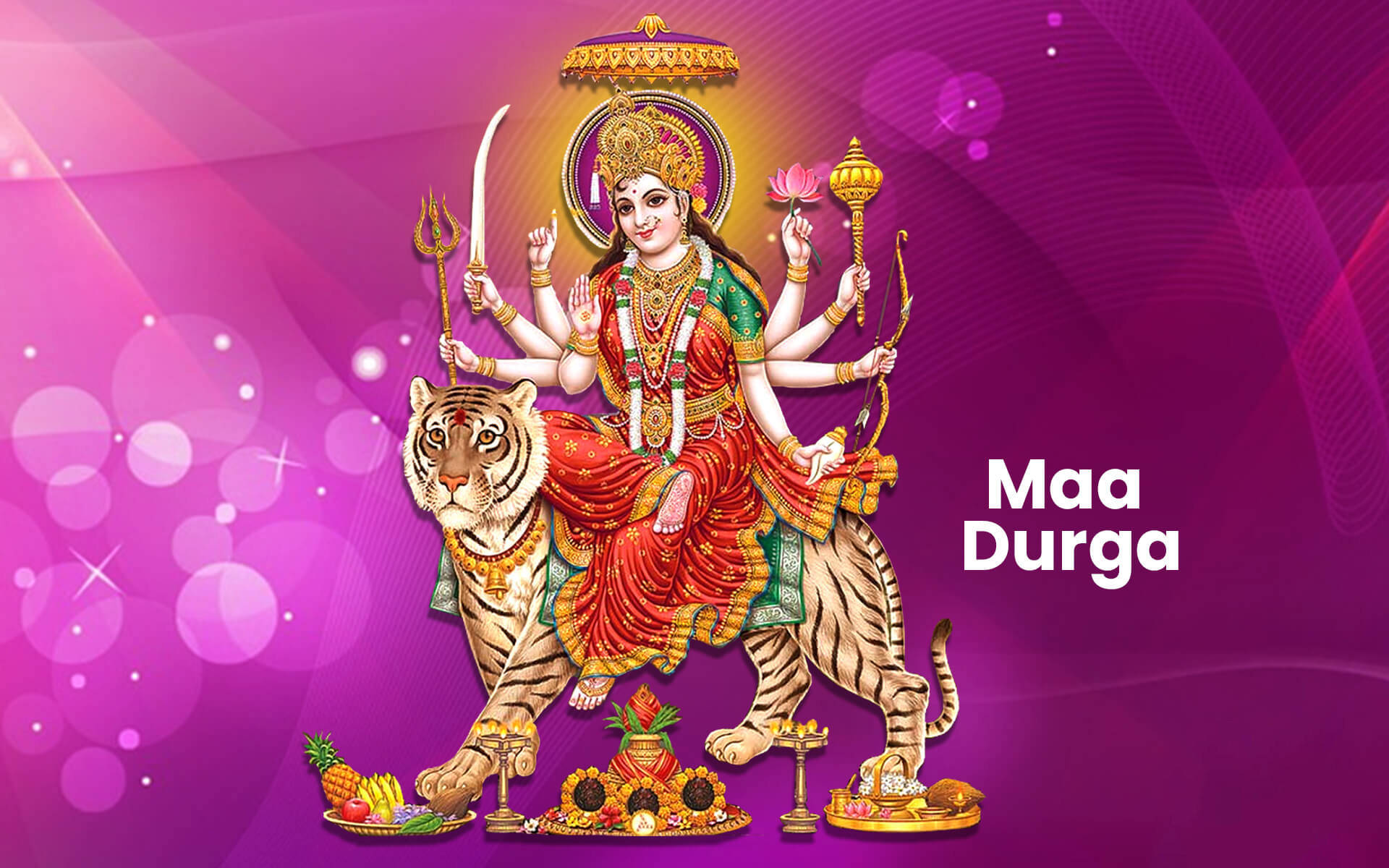Maa Durga 坐在老虎上，手持武器和供品，背景為紫色。