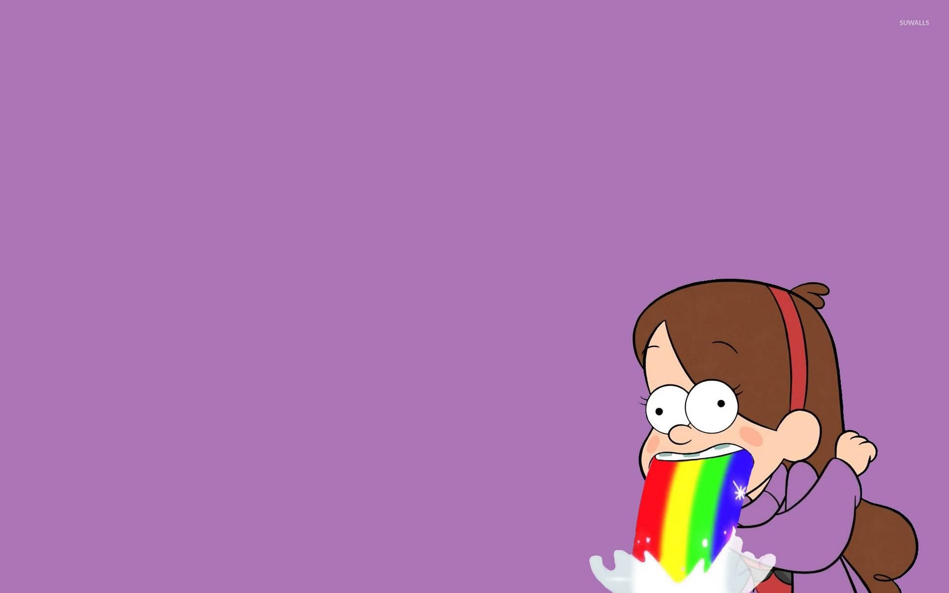 Mabel Pines 紫色彩虹 壁紙 — 一個卡通女孩，棕色頭髮，紅色頭帶，在純紫色背景上快樂地吐出閃閃發光的彩虹。
