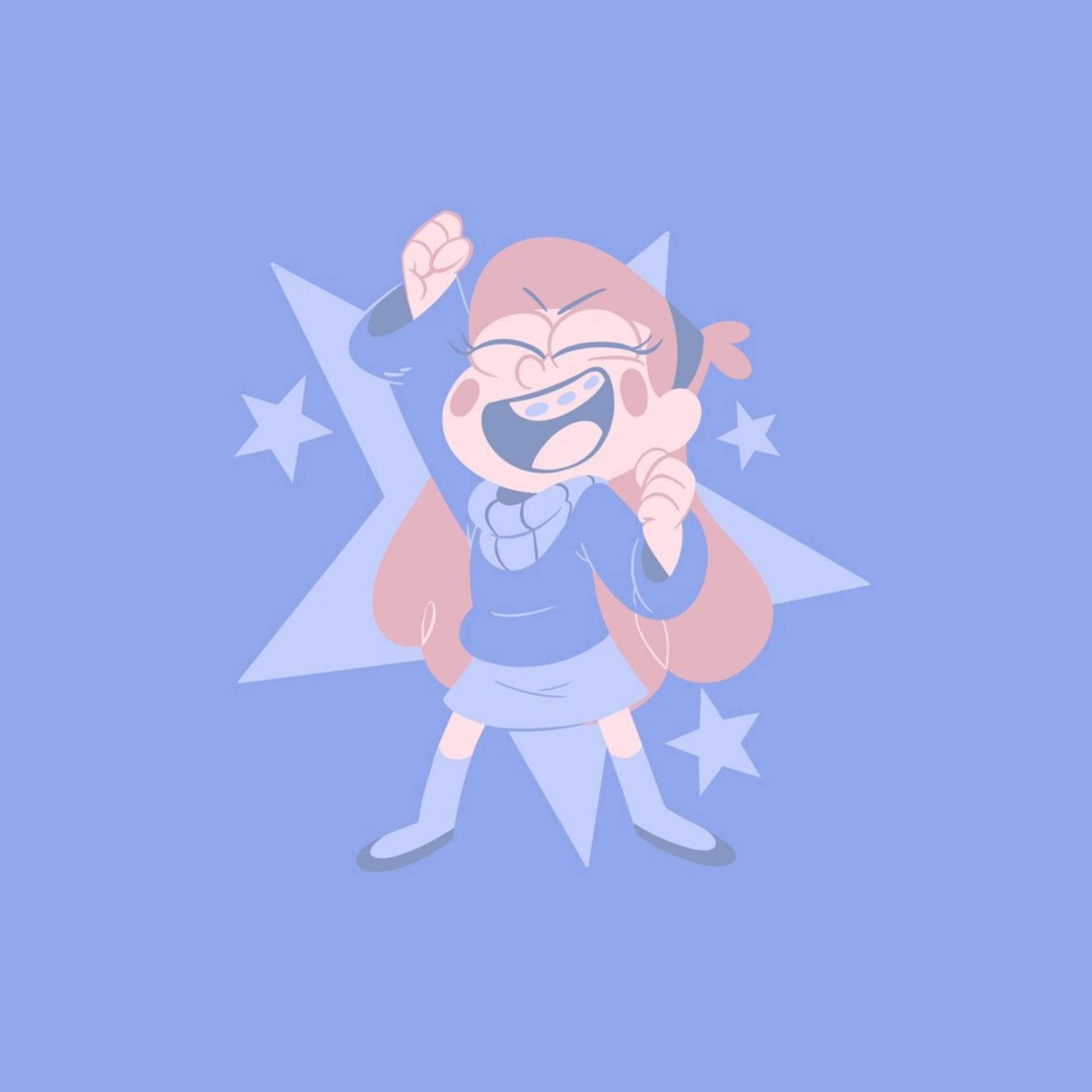 Mabel Pines 淡藍背景 壁紙 — 一個快樂的卡通女孩，粉紅色頭髮，在繁星點點的藍色背景上狂笑。