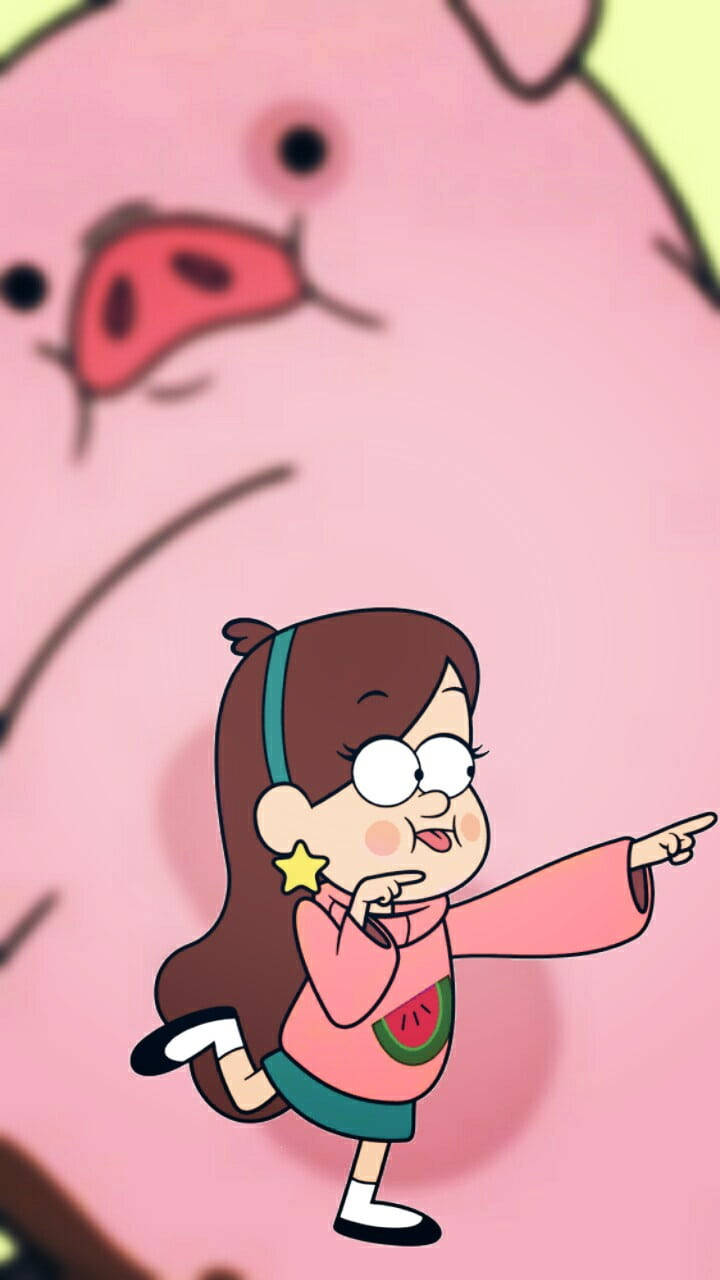 Mabel Pines 與 Waddle 壁紙 — 一個穿著西瓜衫嘅開心動畫女仔喺一個巨型粉紅色豬面前面興奮咁指住。