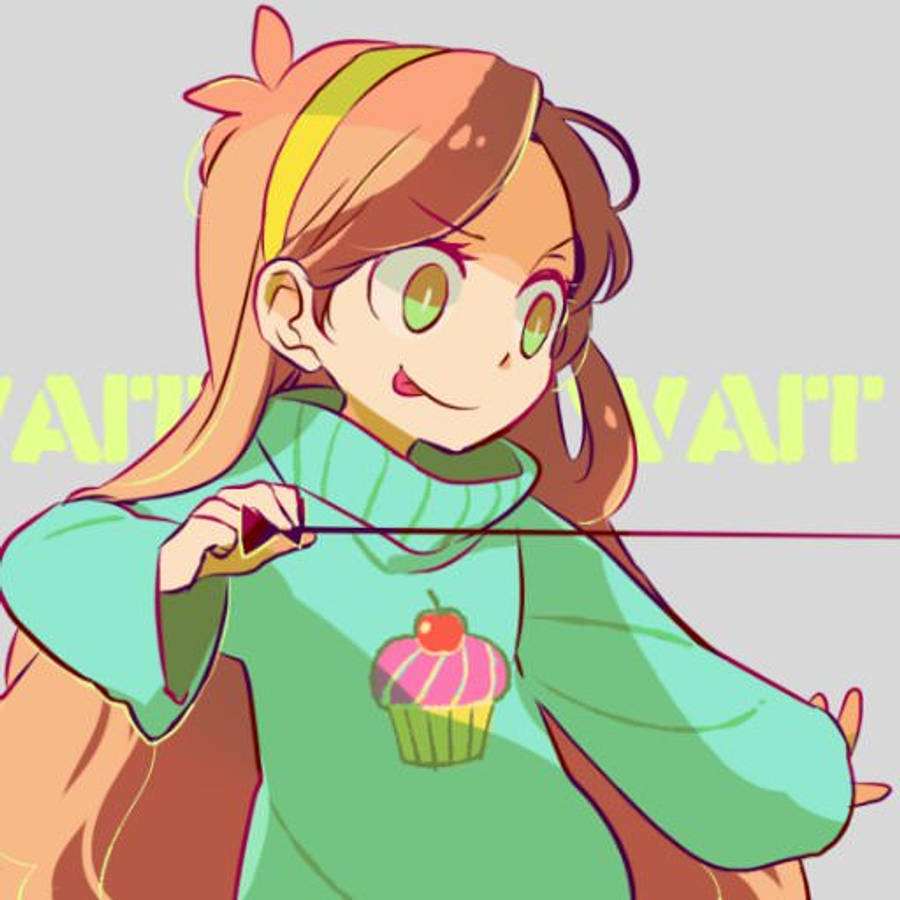 Mabel Pines 動漫少女 壁紙 — 一個快樂的動漫女孩，綠色眼睛，穿著紙杯蛋糕毛衣，微笑著拿著一根繩子。