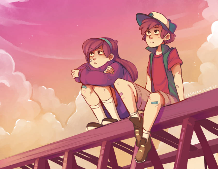 Mabel Pines 双胞胎兄弟 壁紙 — 兩個動漫角色坐在木製過山車軌道上，背景是粉紅色和橙色的日落天空，有蓬鬆的雲朵。
