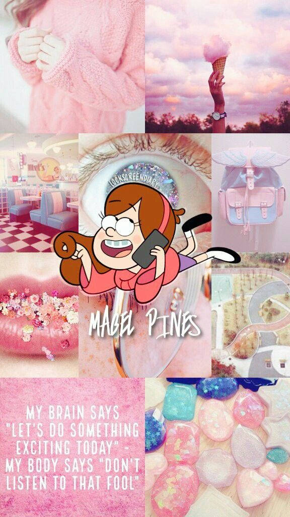 Mabel Pines 可愛粉紅物體 壁紙 — 粉紅色柔和拼貼畫，包含卡通女孩、棉花糖、毛衣和閃亮樹脂石。