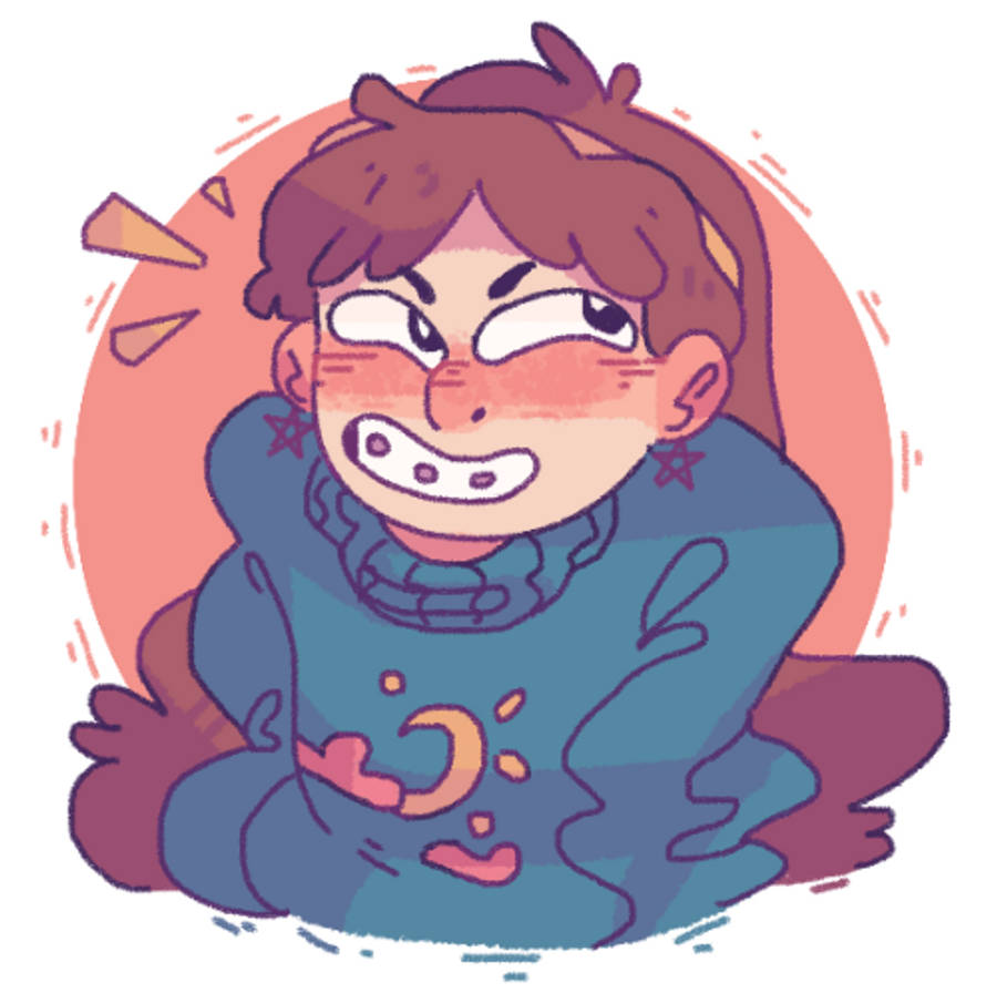 Mabel Pines 可愛藝術 壁紙 — 一個憤怒的卡通女孩，棕色頭髮，戴著星星耳環，穿著帶有月亮圖案的藍色毛衣，兇狠地瞪著眼。