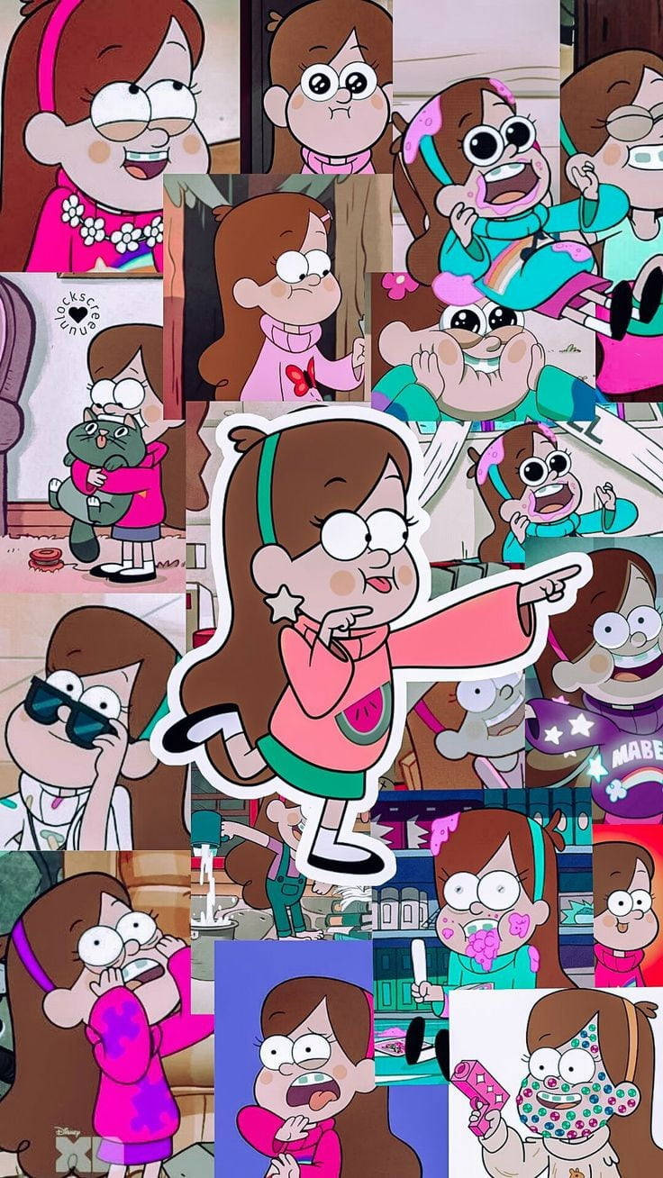 Mabel Pines 可愛藝術 壁紙 — 一幅充滿活力的漫畫女孩角色拼貼畫，展現各種表情姿勢和服裝。