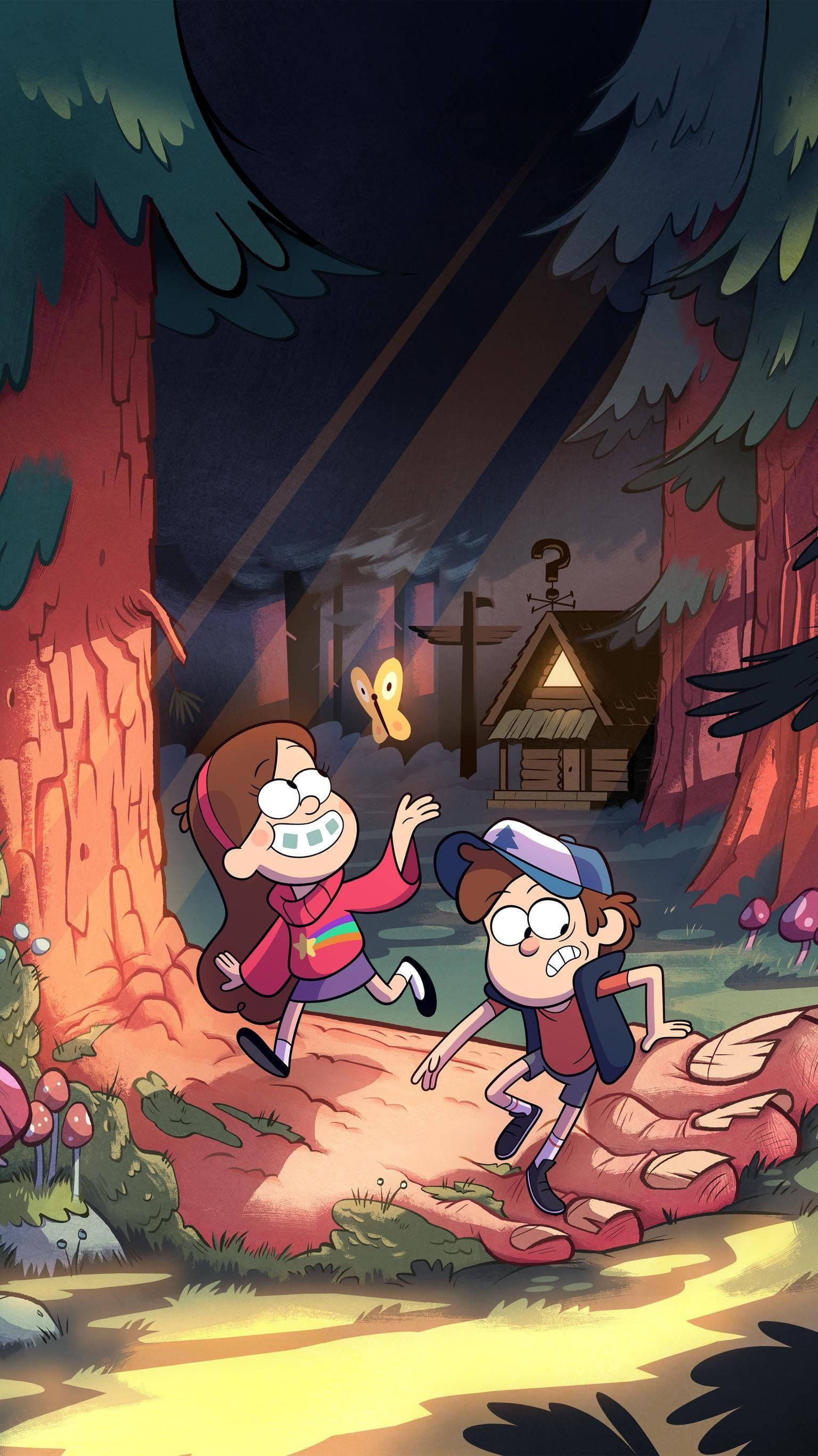 Mabel Pines 史蒂夫森林 壁紙 — 兩個動畫小孩喺夜晚穿過發光嘅森林，追住一隻蝴蝶跑向一個神秘嘅小屋。