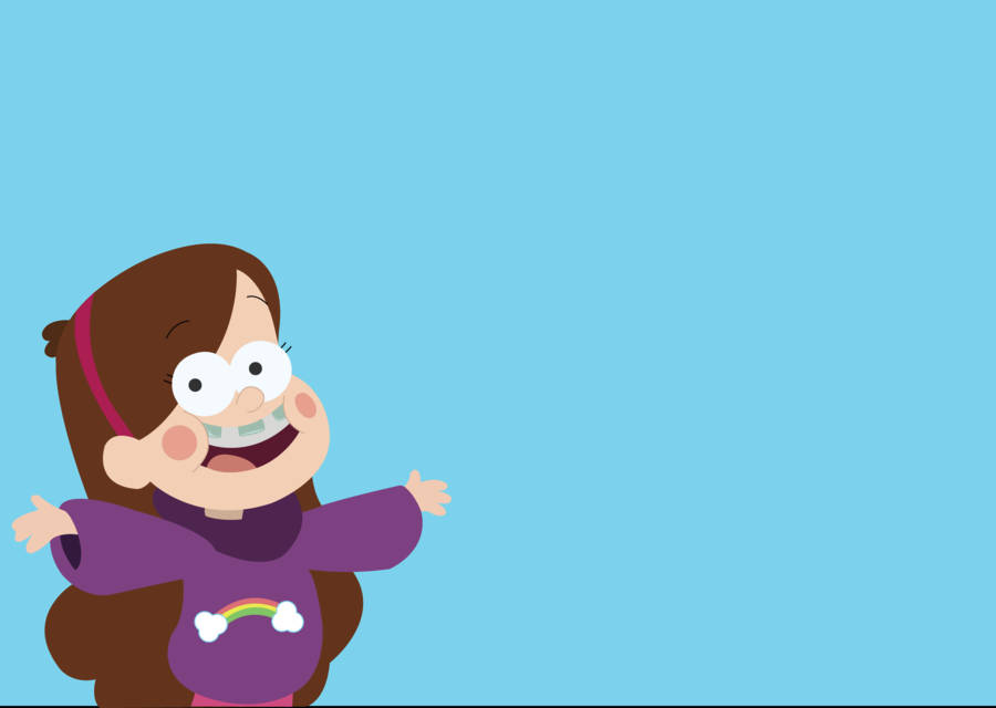 Mabel Pines 天藍背景 壁紙 — 一個開心的卡通女孩，棕色頭髮，穿著紫色襯衫，在純藍色背景上燦爛地微笑。