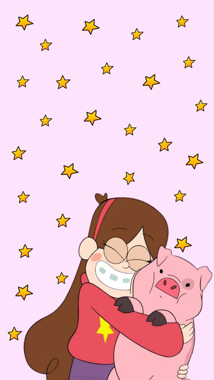 Mabel Pines 寵物小豬 壁紙 — 一個穿著紅色襯衫的快樂卡通女孩在一個點綴著金色星星的柔和粉紅色背景前擁抱一隻粉紅色的豬。