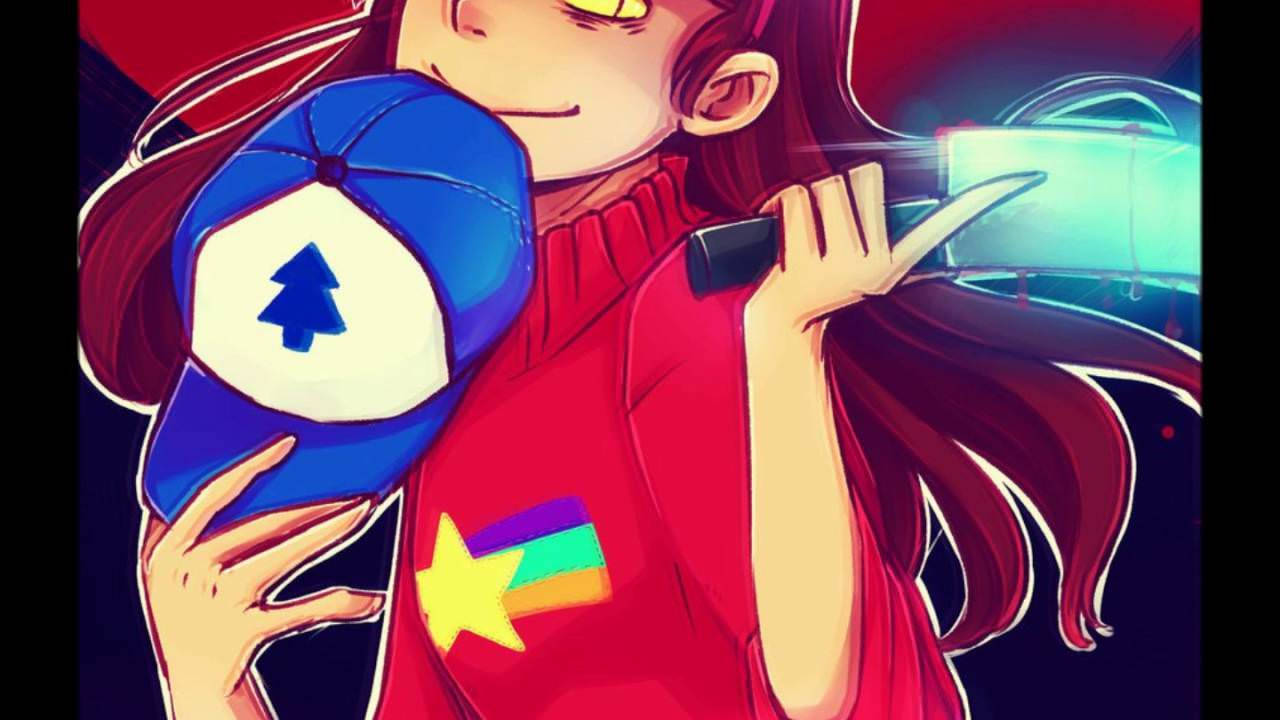 Mabel Pines 數位藝術 壁紙 — 紅髮黃眼動漫女孩在深色背景下拿著帶有樹標誌的藍色帽子和彩虹星毛衣。