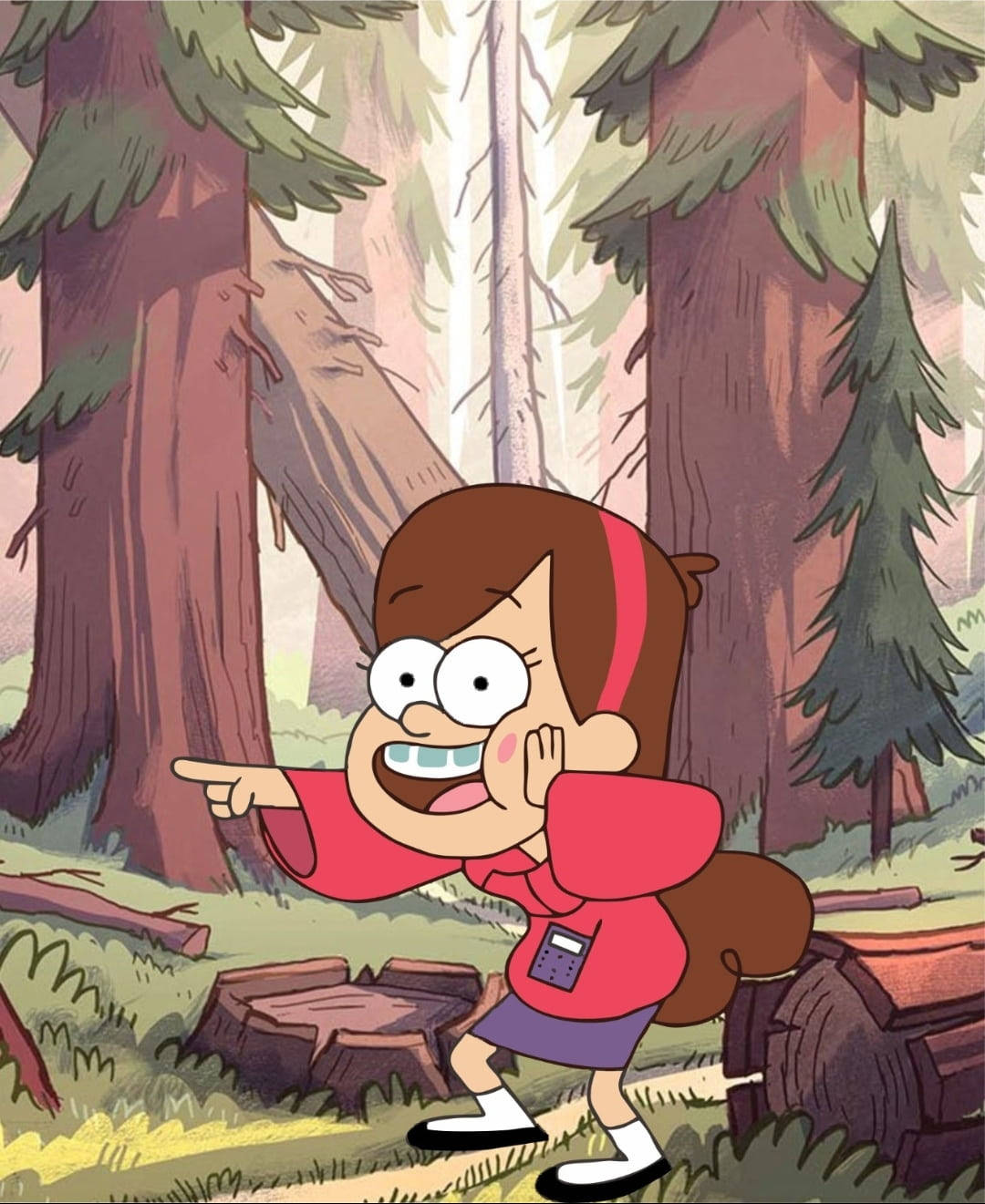 Mabel Pines 森林中 壁紙 — 一個穿著紅色連帽衫的卡通女孩，在陽光明媚、長滿高大松樹和樹樁的森林中興奮地指著。