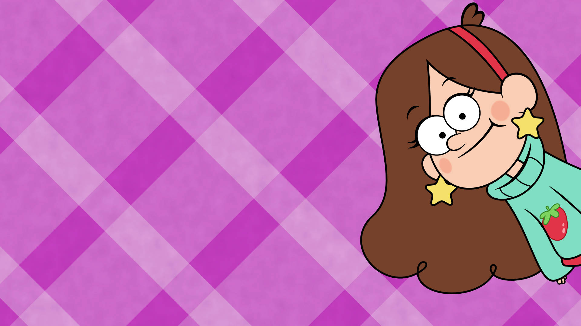 Mabel Pines 淺紫格紋 壁紙 — 一位棕色頭髮、戴著星星耳環的卡通女孩在紫色格子背景上微笑。