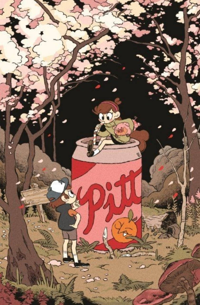 Mabel Pines 粉紅黑森林 壁紙 — 兩個卡通角色在夜晚的森林中，櫻花飄落在一個標有Pitt的巨型粉紅色汽水罐周圍。