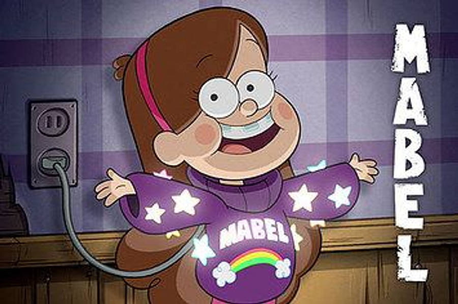 Mabel Pines 紫色外套 壁紙 — 一個快樂的卡通女孩，棕色頭髮，穿著紫色星星睡衣襯衫，插在插座上微笑。