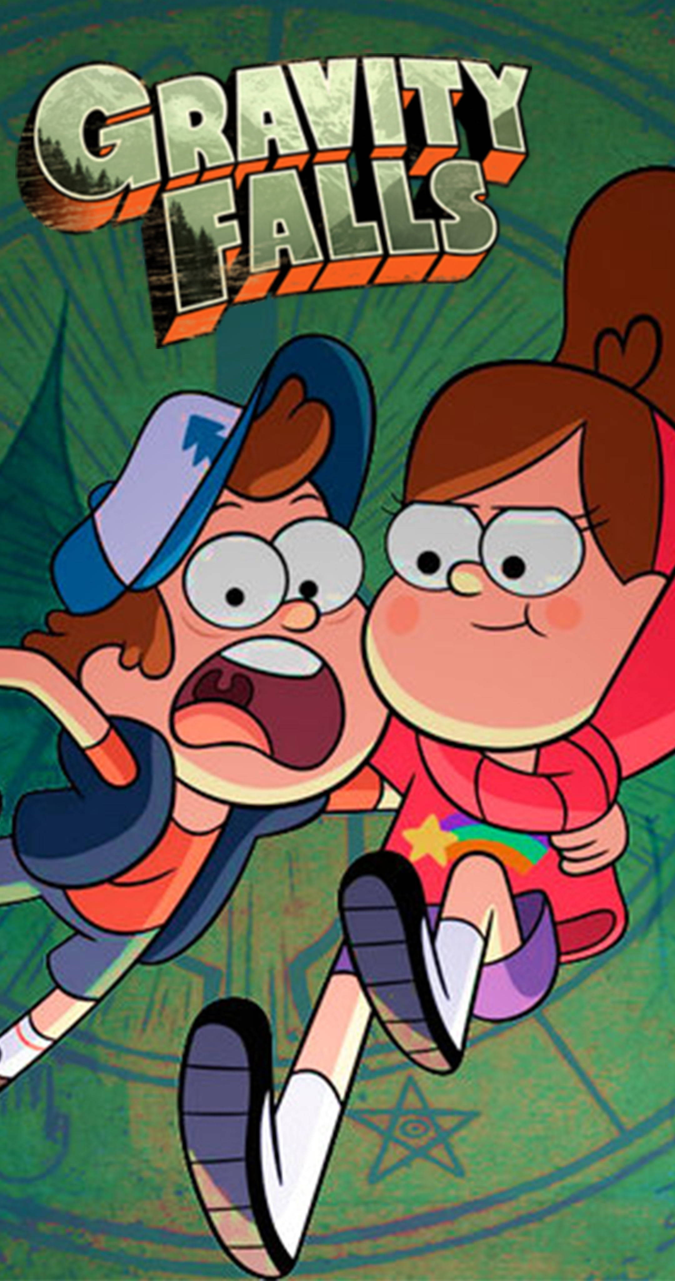 Mabel Pines 綠色 Gravity Falls 壁紙 — 兩個動畫風格的小孩在綠色神秘背景上精力充沛地奔跑，帶有Gravity Falls標誌。