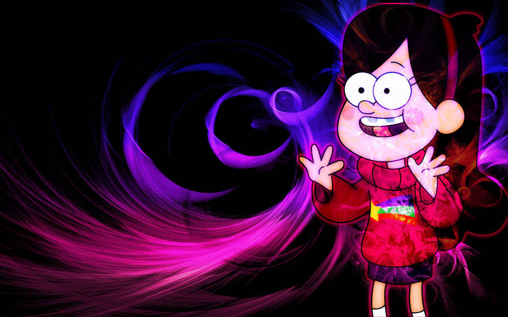 Mabel Pines 魔法暗黑藝術 壁紙 — 一個穿著紅色連帽衫的開心動畫女孩站在旋轉的紫色和粉紅色宇宙背景前。